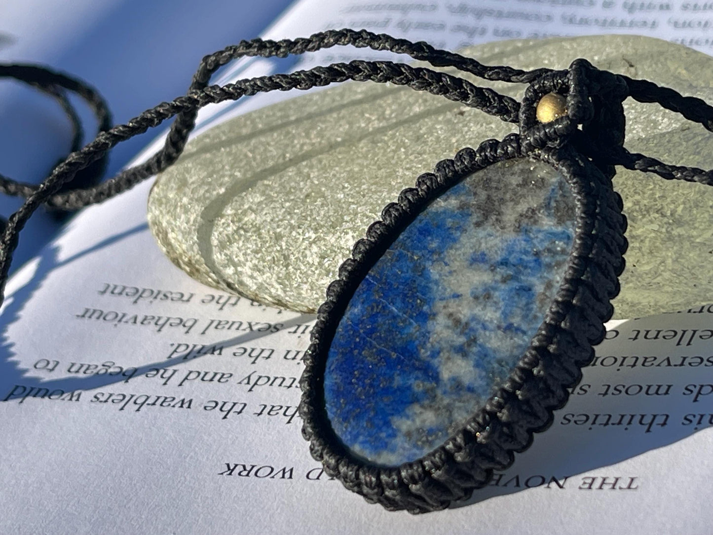 Stunning macrame lapis necklace on an adjustable cord. Handmade gemstone necklace, boho jewellery. Macrame jewellery. Unique necklace.