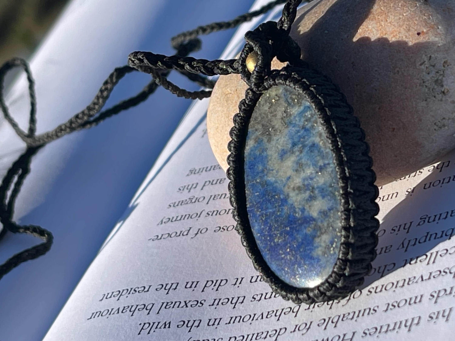 Stunning macrame lapis necklace on an adjustable cord. Handmade gemstone necklace, boho jewellery. Macrame jewellery. Unique necklace.