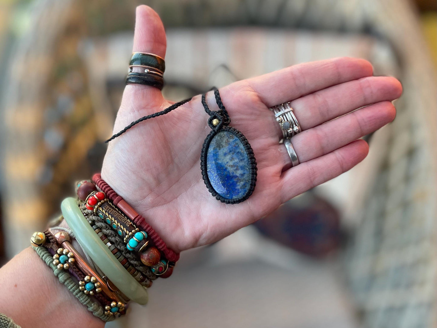 Stunning macrame lapis necklace on an adjustable cord. Handmade gemstone necklace, boho jewellery. Macrame jewellery. Unique necklace.