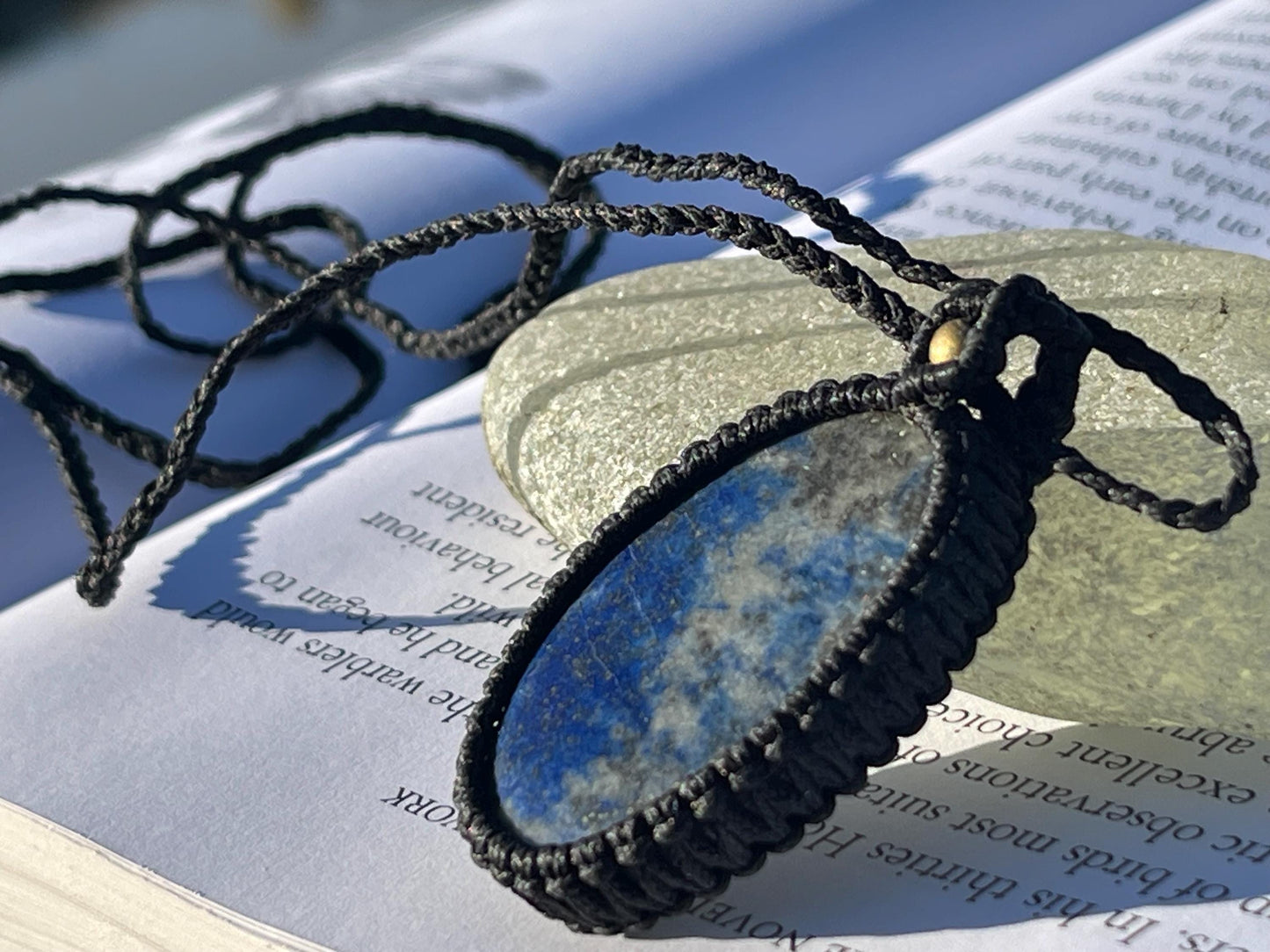 Stunning macrame lapis necklace on an adjustable cord. Handmade gemstone necklace, boho jewellery. Macrame jewellery. Unique necklace.