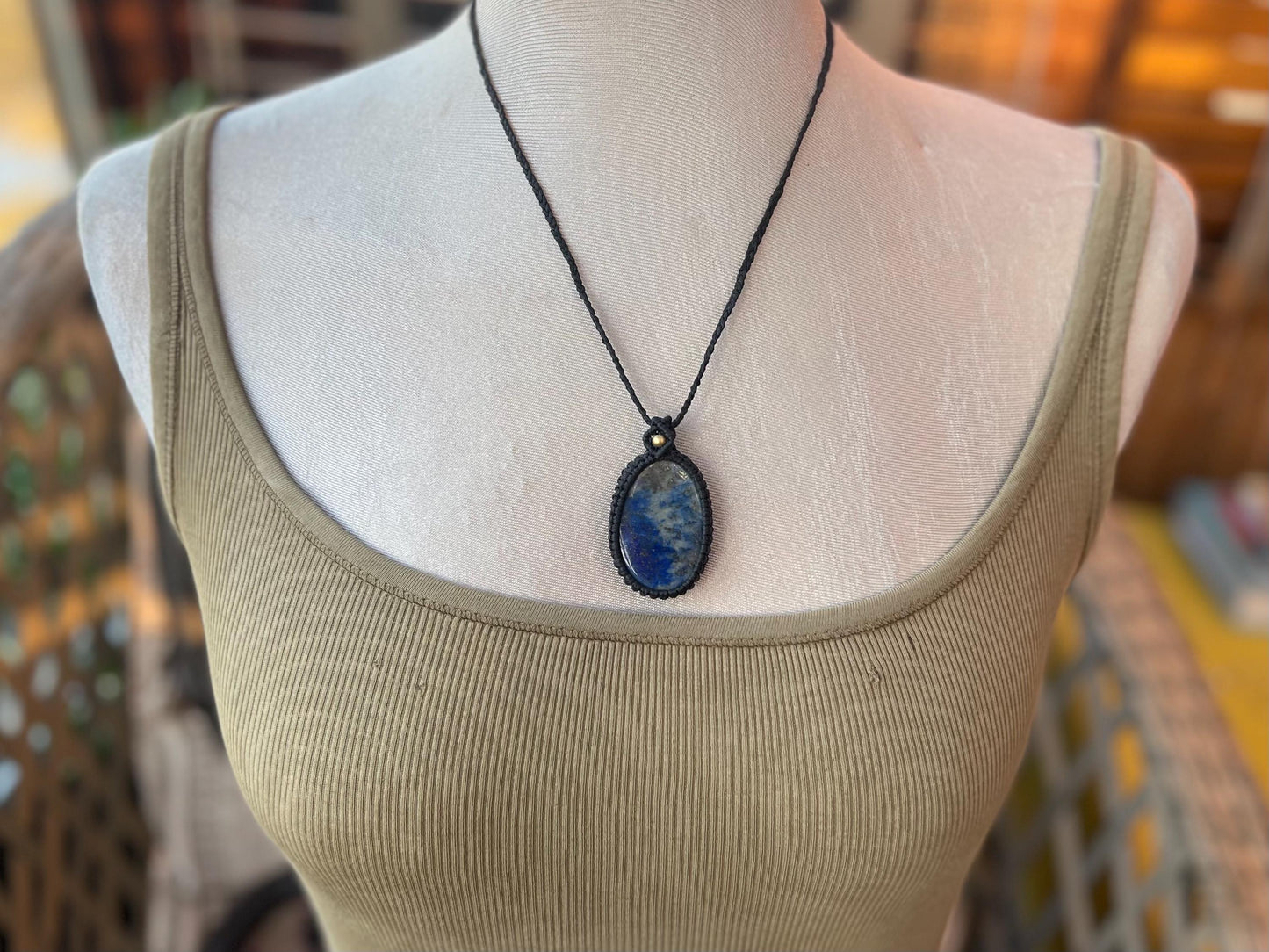 Stunning macrame lapis necklace on an adjustable cord. Handmade gemstone necklace, boho jewellery. Macrame jewellery. Unique necklace.