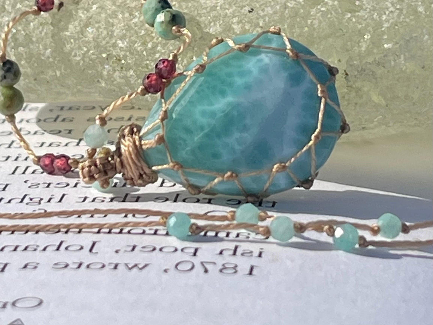 Stunning macrame Larimar necklace, malachite pendant, green gemstone, Handmade gemstone necklace, boho gift for her. Macrame jewellery.
