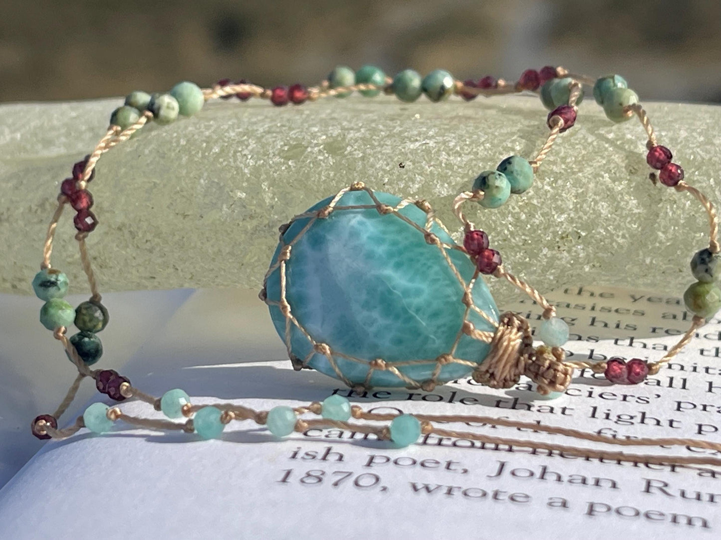 Stunning macrame Larimar necklace, malachite pendant, green gemstone, Handmade gemstone necklace, boho gift for her. Macrame jewellery.