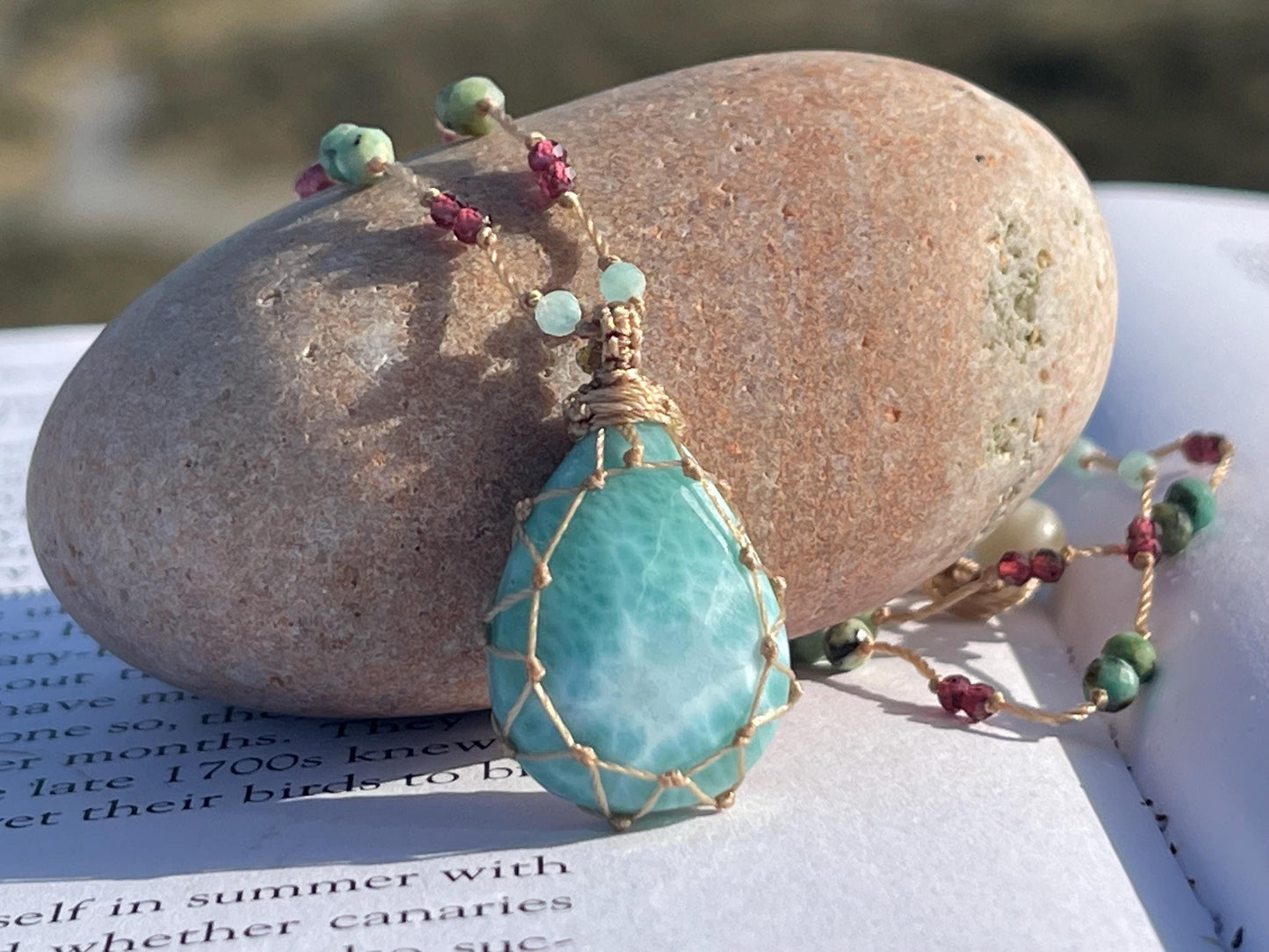 Stunning macrame Larimar necklace, malachite pendant, green gemstone, Handmade gemstone necklace, boho gift for her. Macrame jewellery.