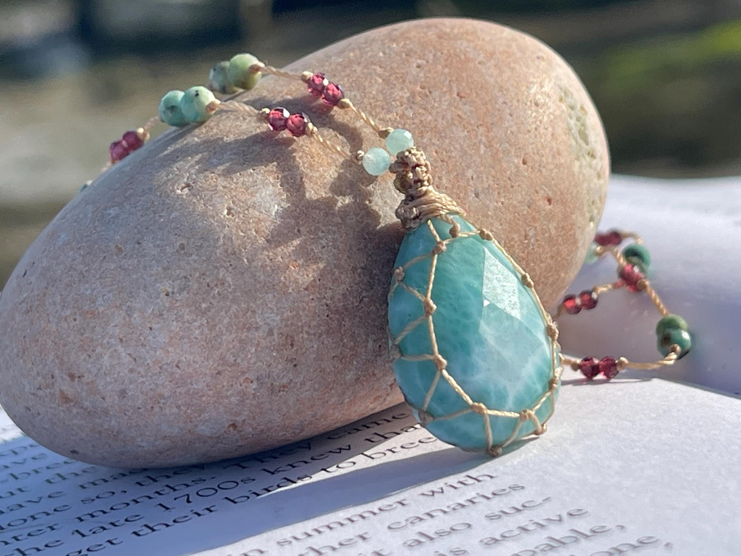 Stunning macrame Larimar necklace, malachite pendant, green gemstone, Handmade gemstone necklace, boho gift for her. Macrame jewellery.