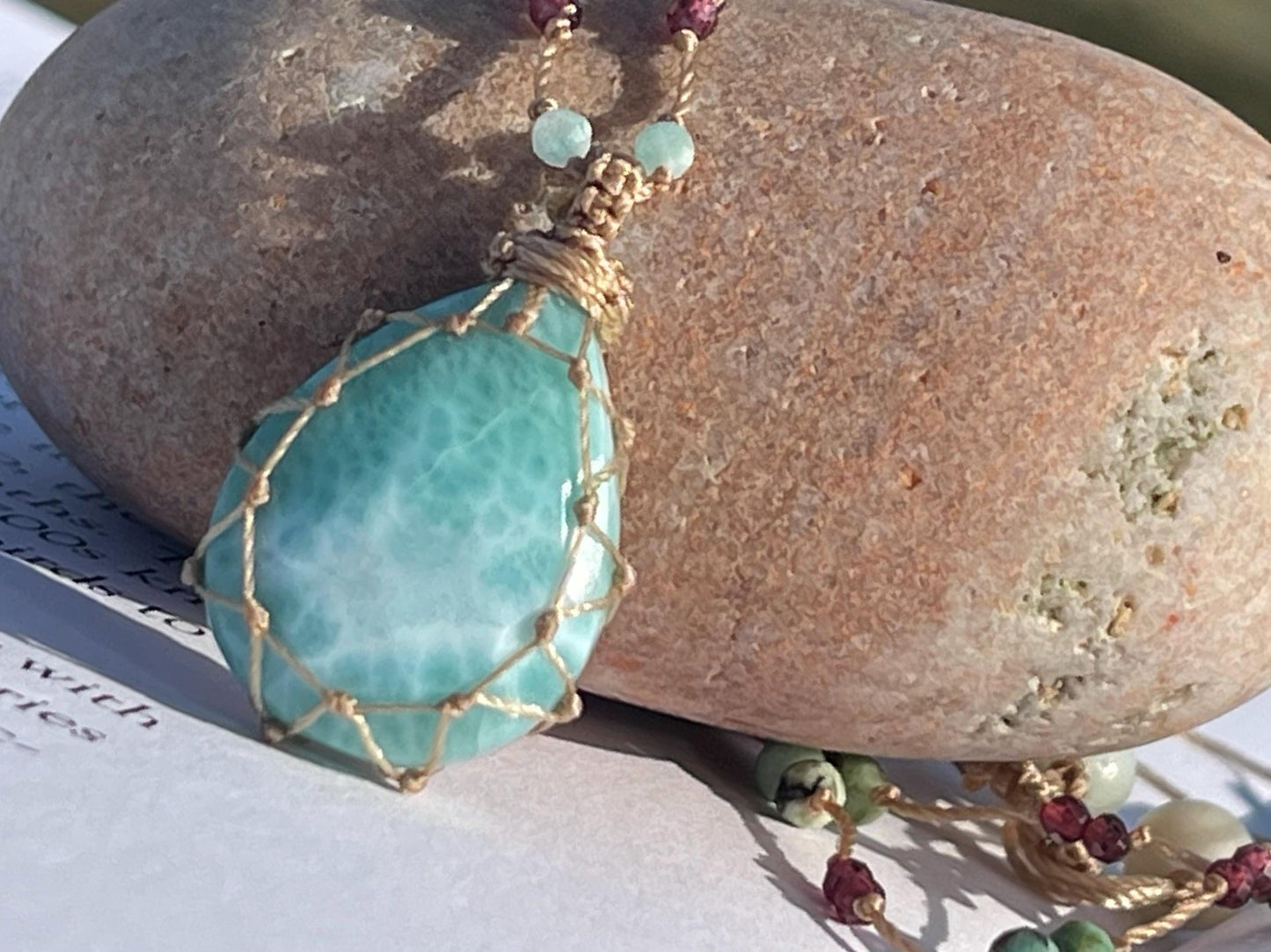 Stunning macrame Larimar necklace, malachite pendant, green gemstone, Handmade gemstone necklace, boho gift for her. Macrame jewellery.