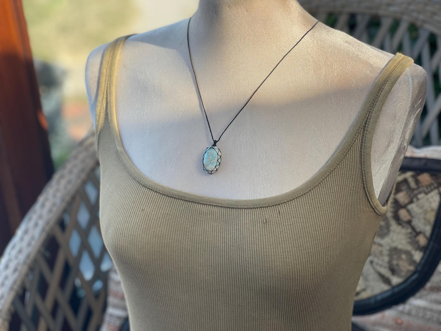 Stunning macrame Larimar necklace, malachite pendant, green gemstone, Handmade gemstone necklace, boho gift for her. Macrame jewellery.