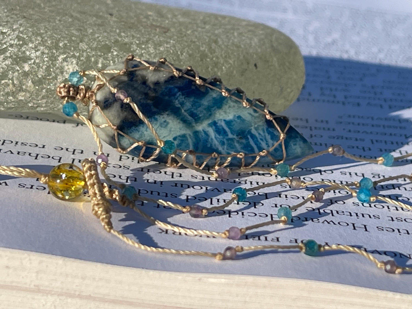 Stunning pietersite gemstone necklace, citrine pendant. Handmade gemstone necklace, boho jewellery. Macrame jewellery. Unique necklace.