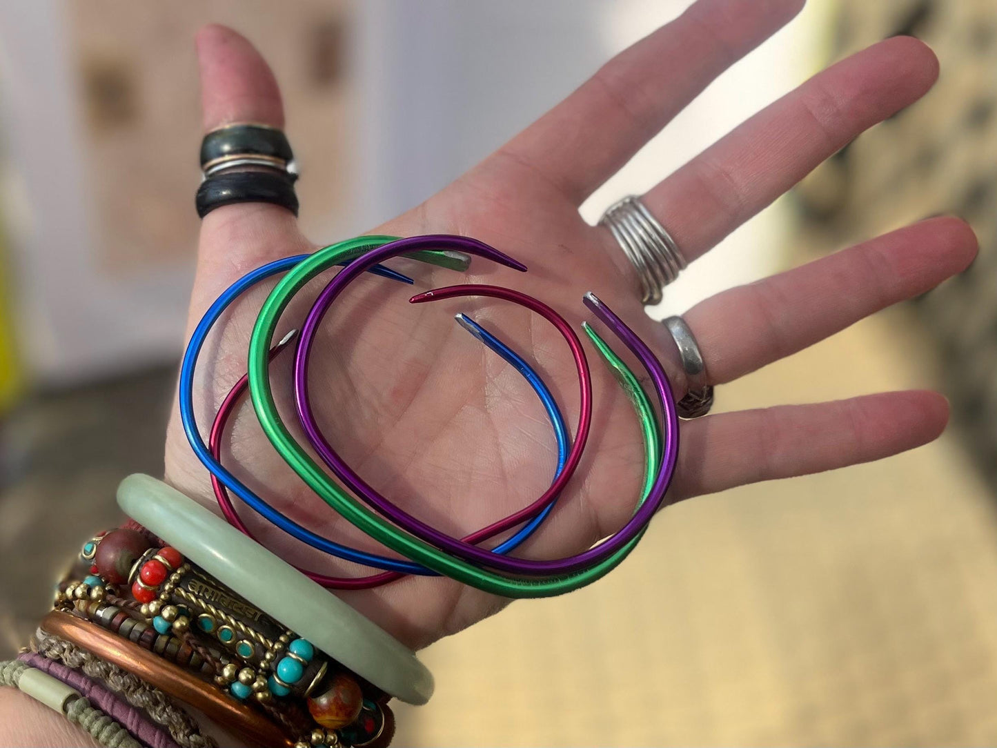 SET OF 4 Knitting needle stacker bracelets. Unusual gifts. Eco friendly bracelets. Eco friendly jewellery. Ethical handmade bracelets