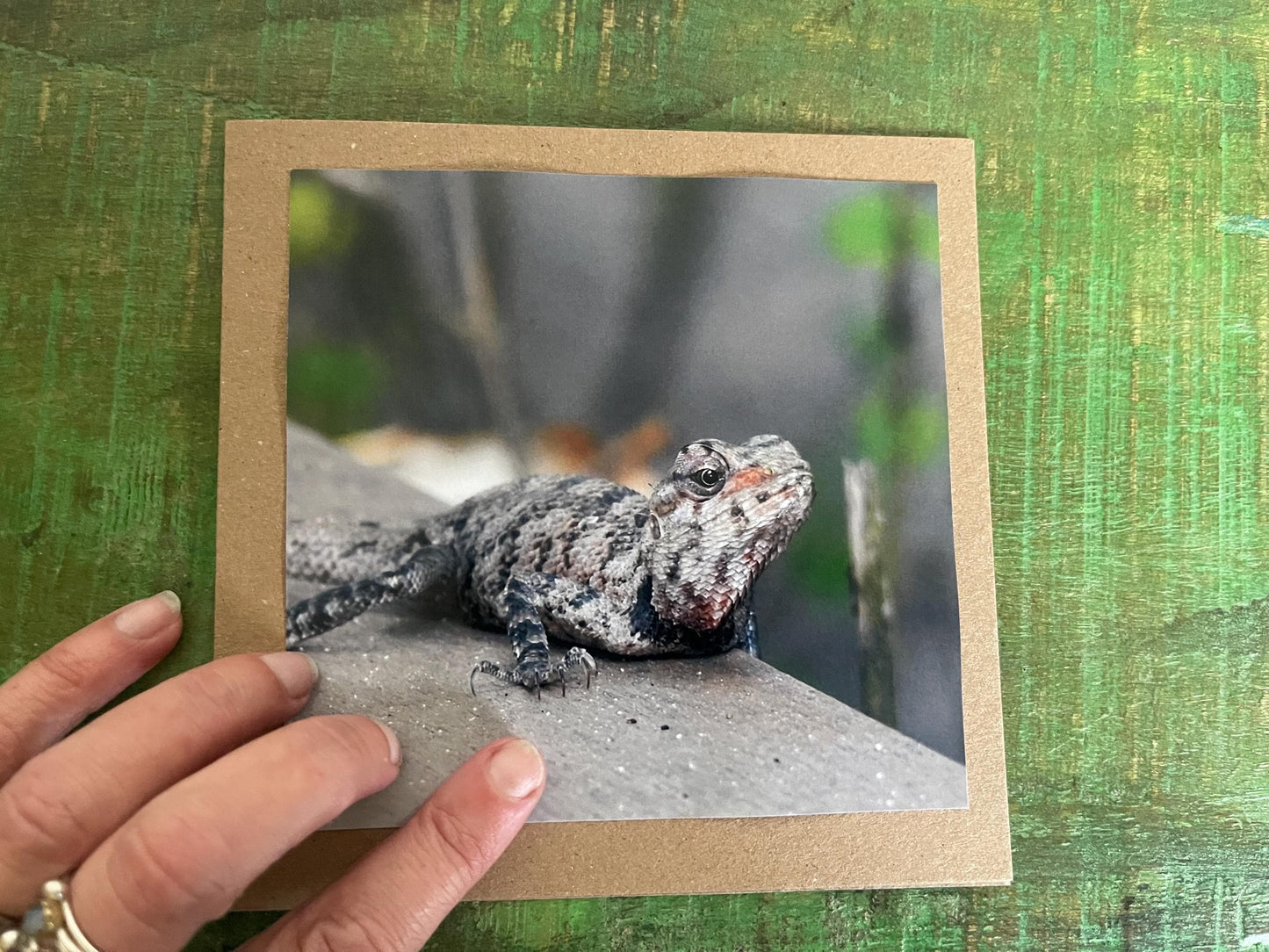 Ghecko card, recycled card, birthday card, lizard card. Eco friendly card. Handmade card. Unusual Thank you card, blank card. Wildlife cards