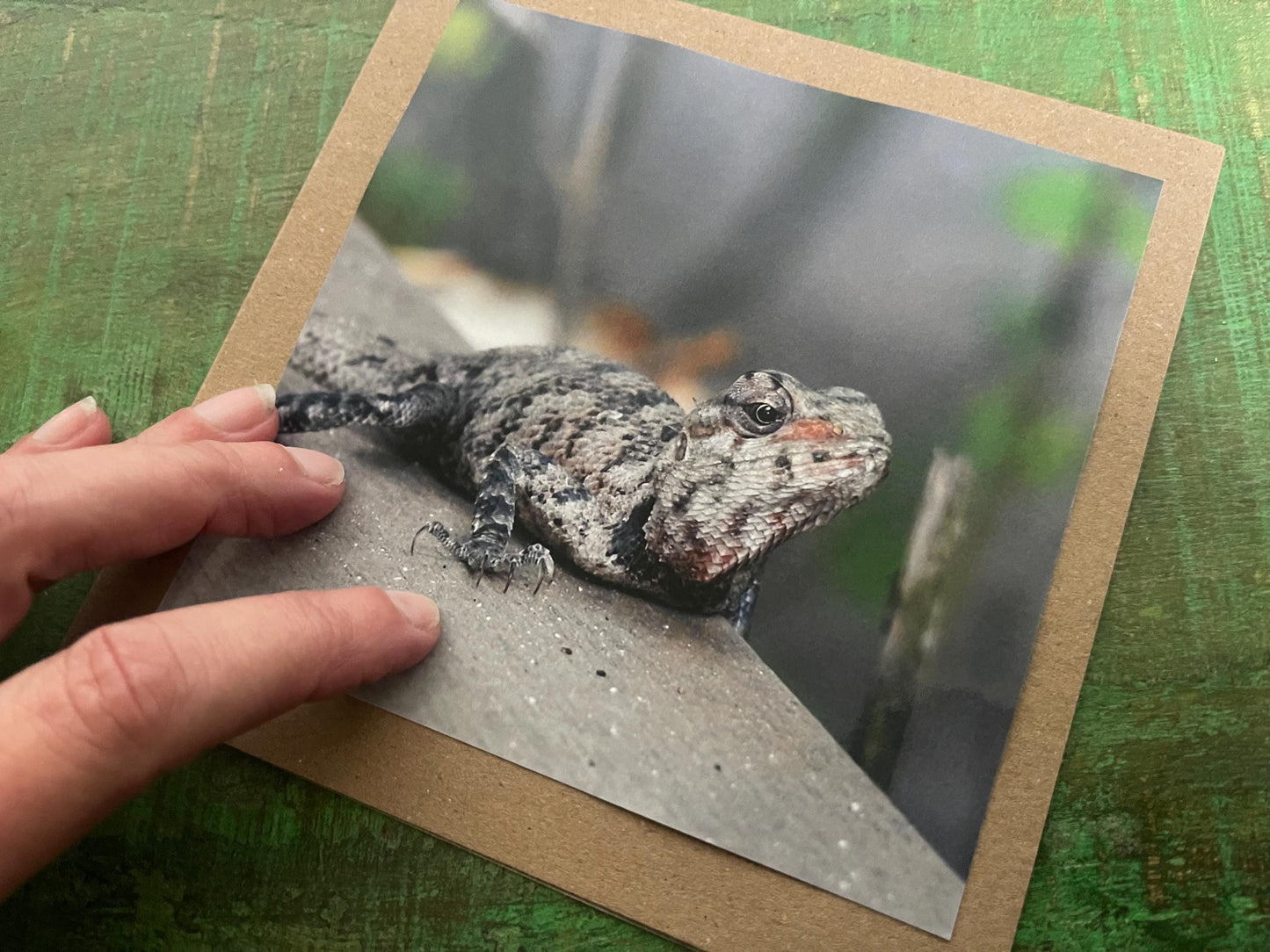 Ghecko card, recycled card, birthday card, lizard card. Eco friendly card. Handmade card. Unusual Thank you card, blank card. Wildlife cards