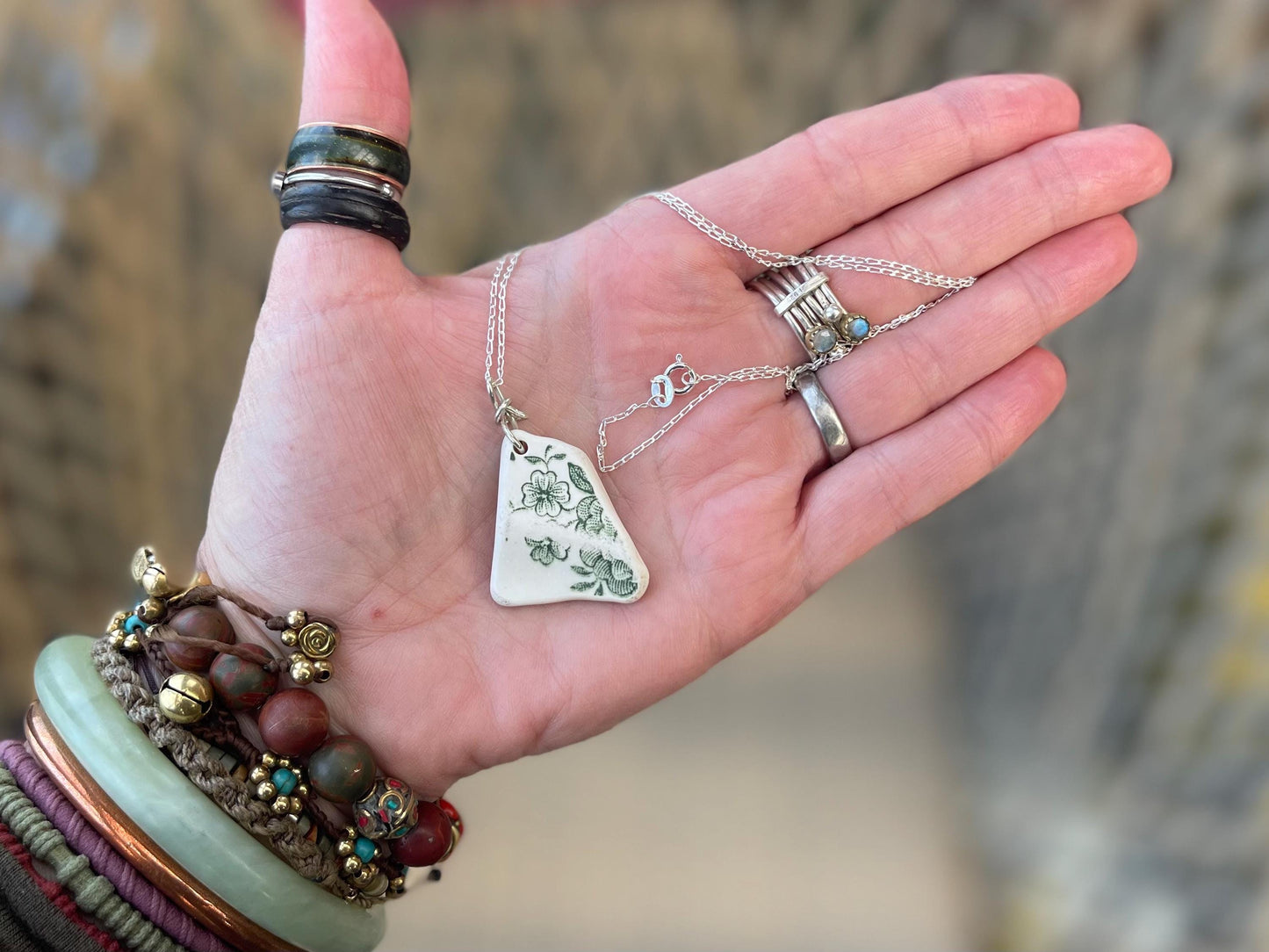 Eco friendly sea ceramic necklace on a sterling silver chain. Eco friendly jewellery, ethical jewellery. Eco friendly necklace.