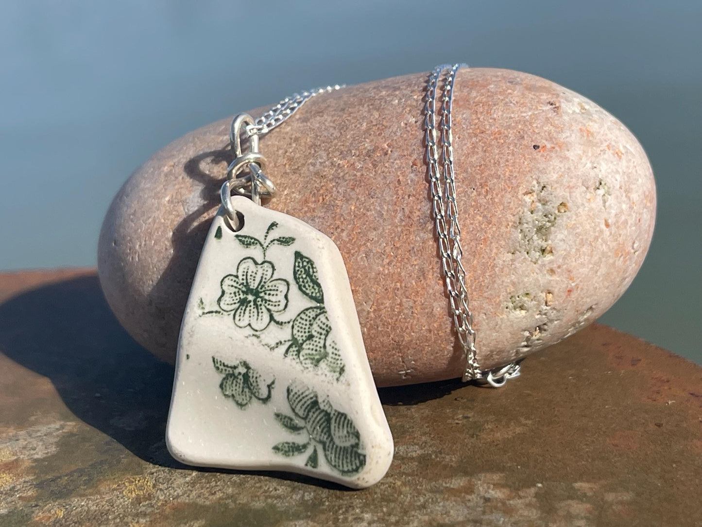 Eco friendly sea ceramic necklace on a sterling silver chain. Eco friendly jewellery, ethical jewellery. Eco friendly necklace.
