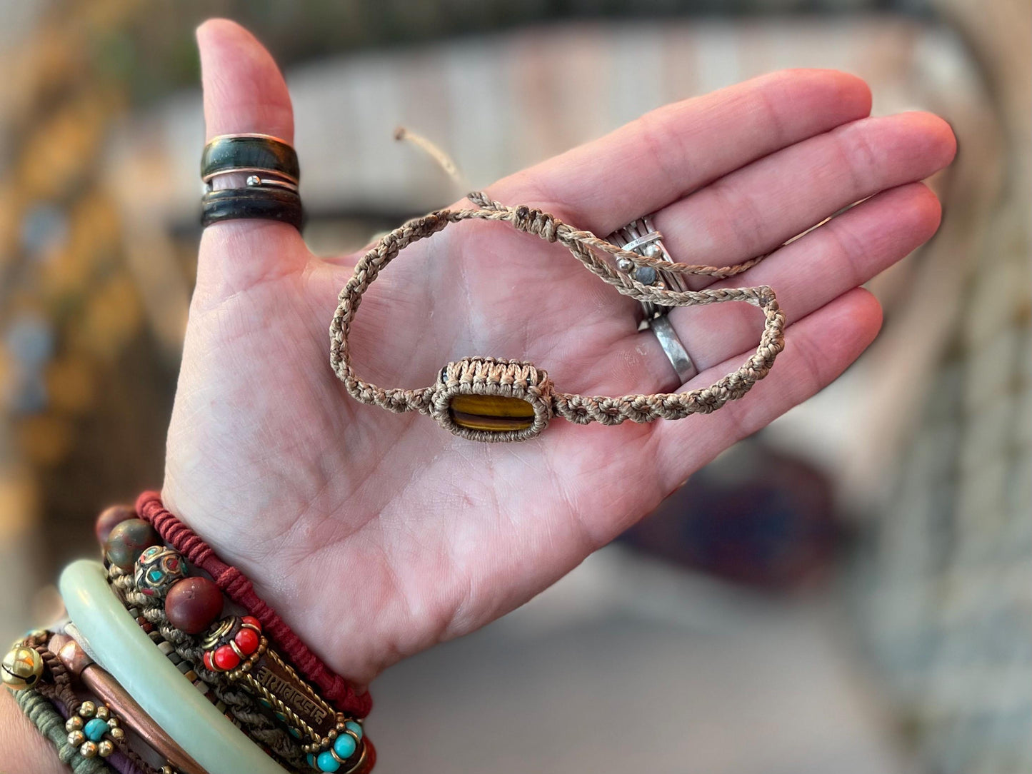 Stunning macrame wrapped tigers eye bracelet, ethical jewellery, unusual jewellery, macrame jewellery. Brown macrame bracelet. Boho.