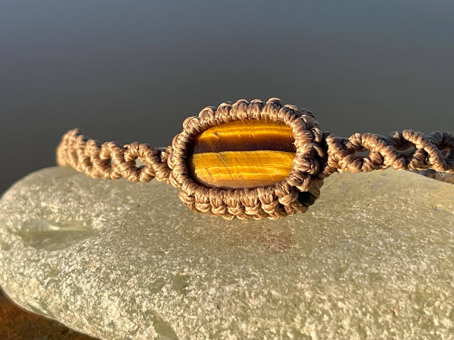 Stunning macrame wrapped tigers eye bracelet, ethical jewellery, unusual jewellery, macrame jewellery. Brown macrame bracelet. Boho.