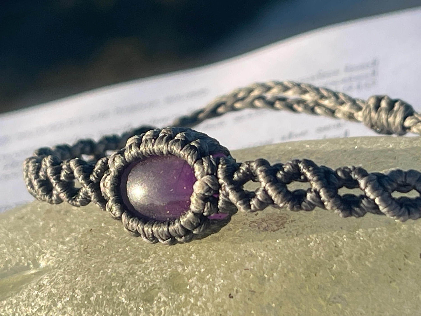 Stunning macrame wrapped amethyst bracelet, ethical jewellery, unusual jewellery, macrame jewellery. Purple gemstone macrame bracelet. Boho.