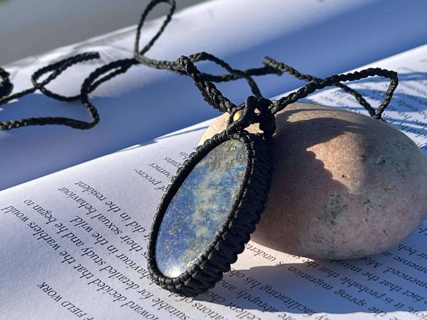 Stunning macrame lapis necklace on an adjustable cord. Handmade gemstone necklace, boho jewellery. Macrame jewellery. Unique necklace.