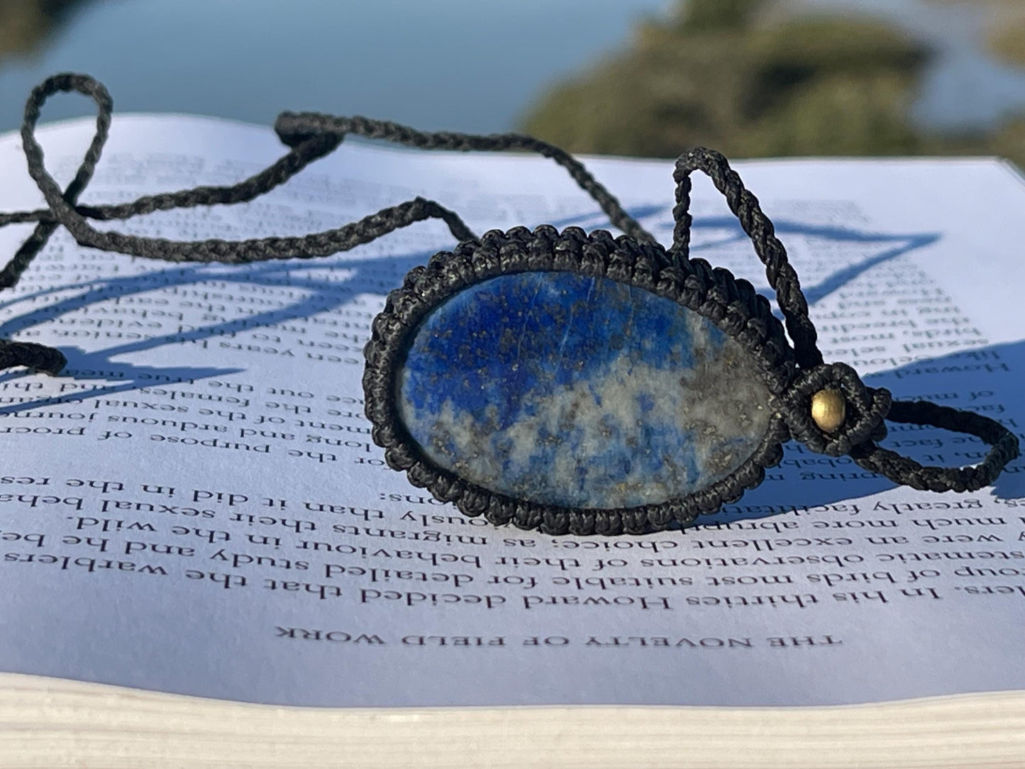 Stunning macrame lapis necklace on an adjustable cord. Handmade gemstone necklace, boho jewellery. Macrame jewellery. Unique necklace.