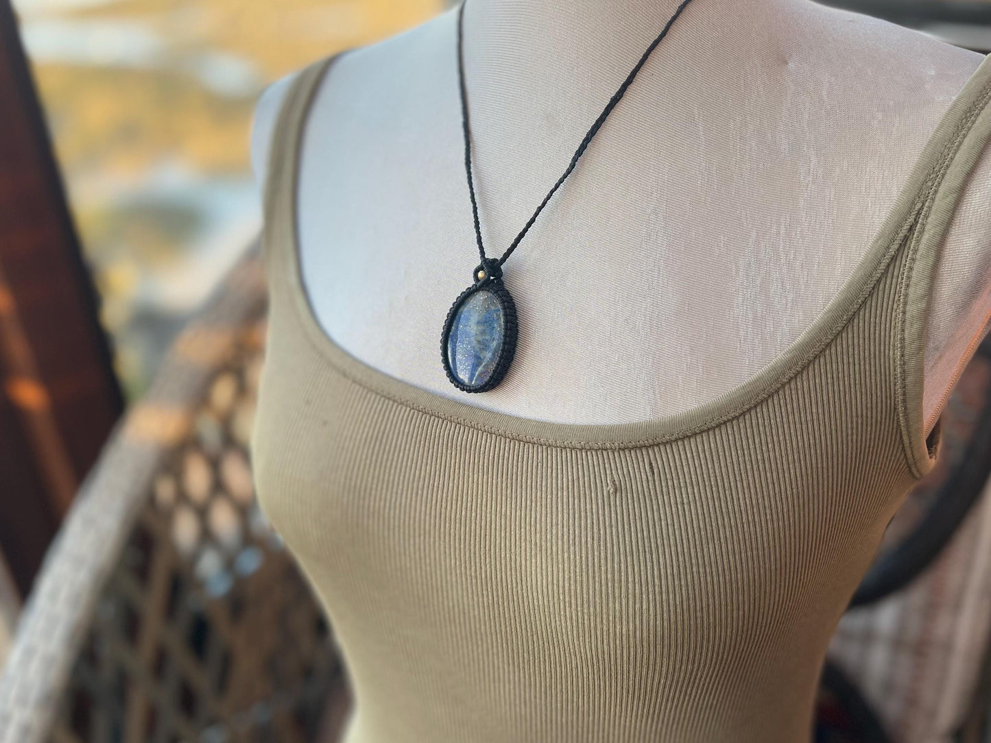 Stunning macrame lapis necklace on an adjustable cord. Handmade gemstone necklace, boho jewellery. Macrame jewellery. Unique necklace.