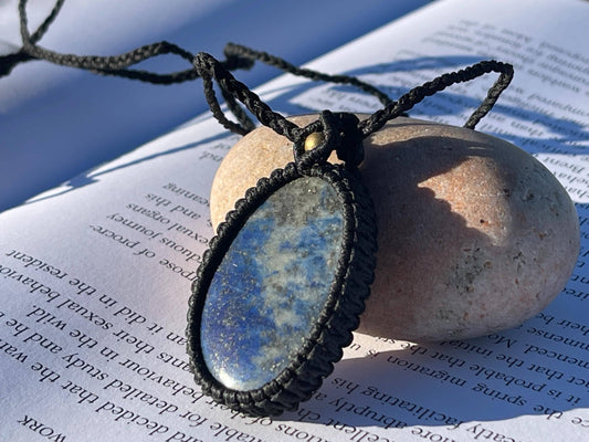 Stunning macrame lapis necklace on an adjustable cord. Handmade gemstone necklace, boho jewellery. Macrame jewellery. Unique necklace.