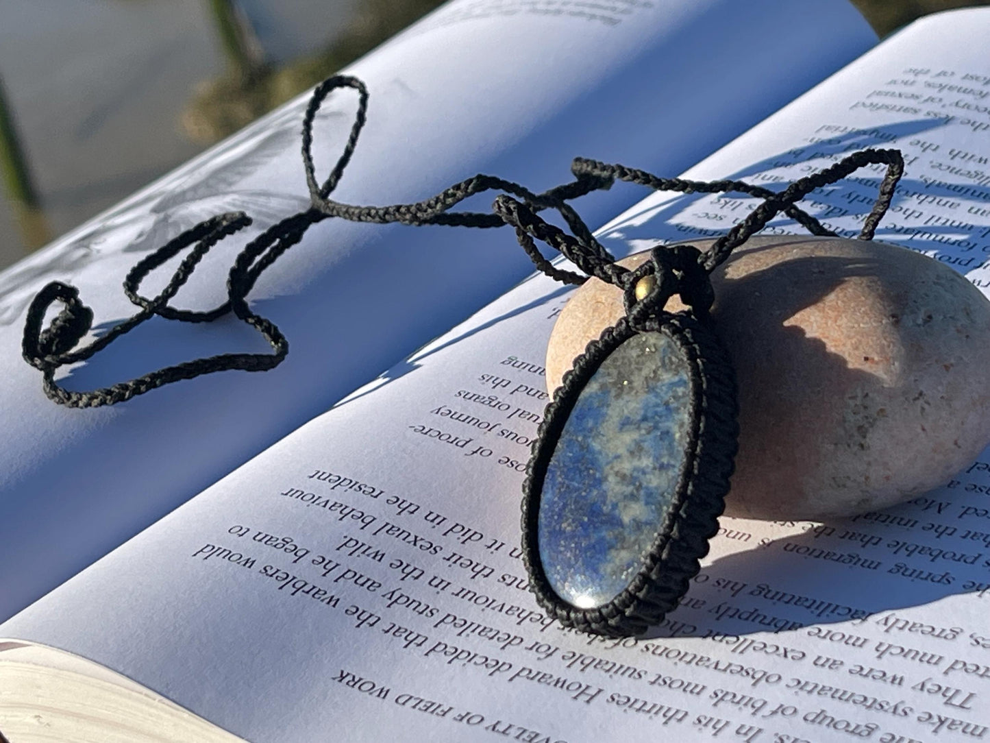 Stunning macrame lapis necklace on an adjustable cord. Handmade gemstone necklace, boho jewellery. Macrame jewellery. Unique necklace.