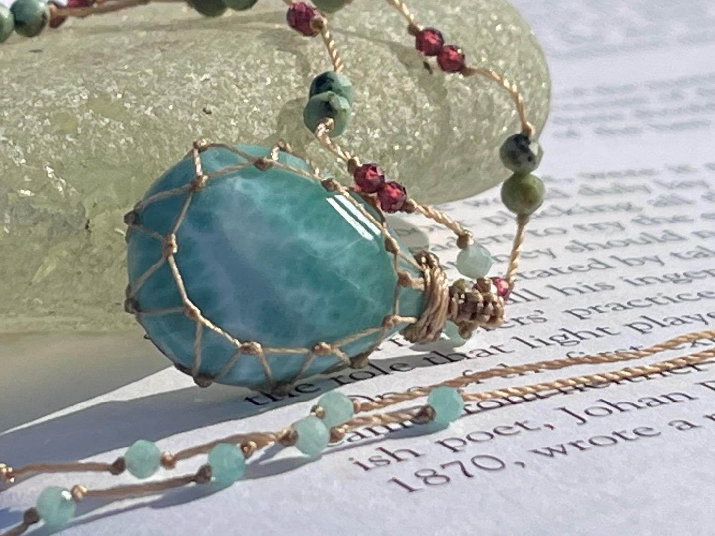 Stunning macrame Larimar necklace, malachite pendant, green gemstone, Handmade gemstone necklace, boho gift for her. Macrame jewellery.