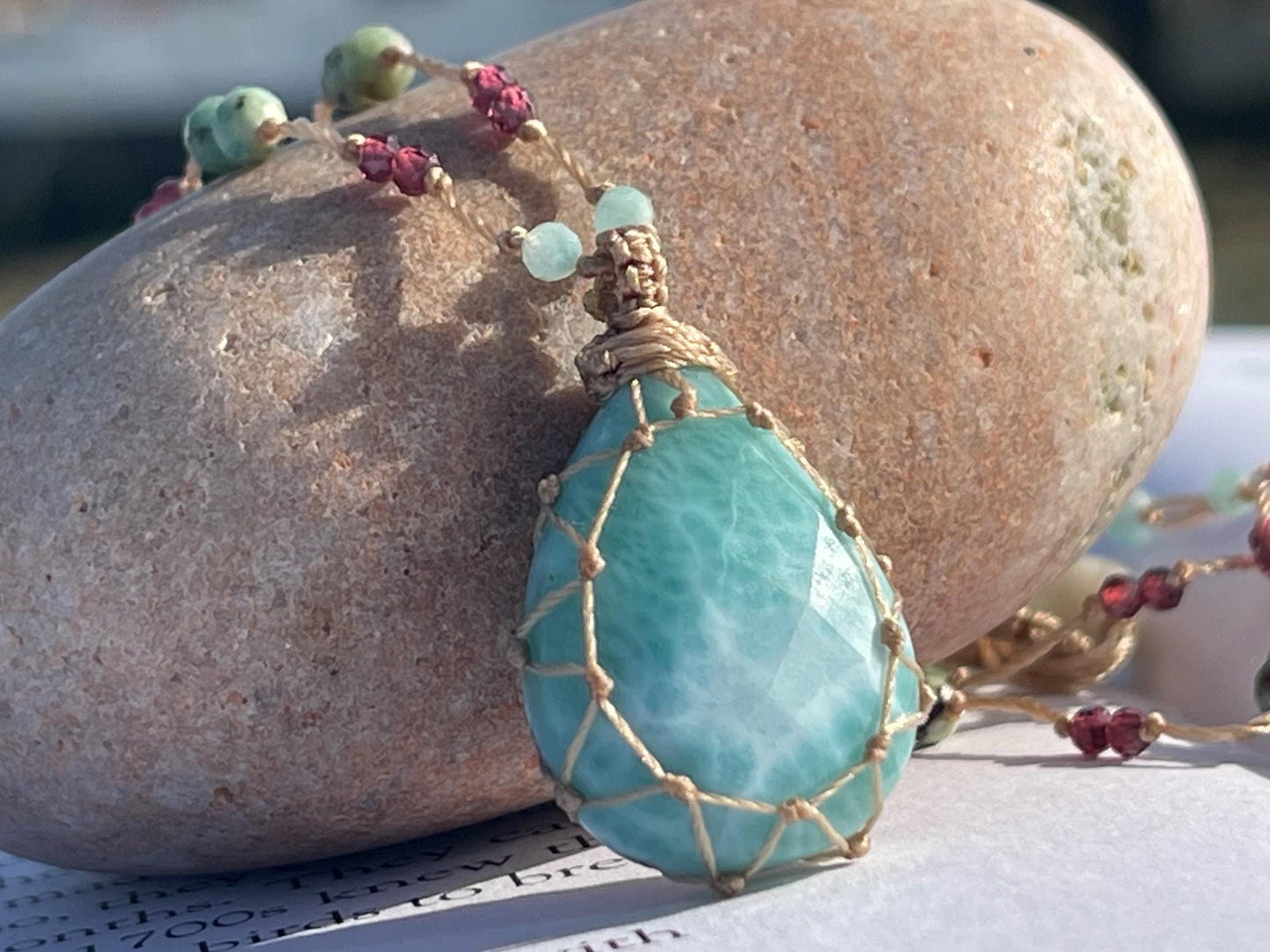 Stunning macrame Larimar necklace, malachite pendant, green gemstone, Handmade gemstone necklace, boho gift for her. Macrame jewellery.