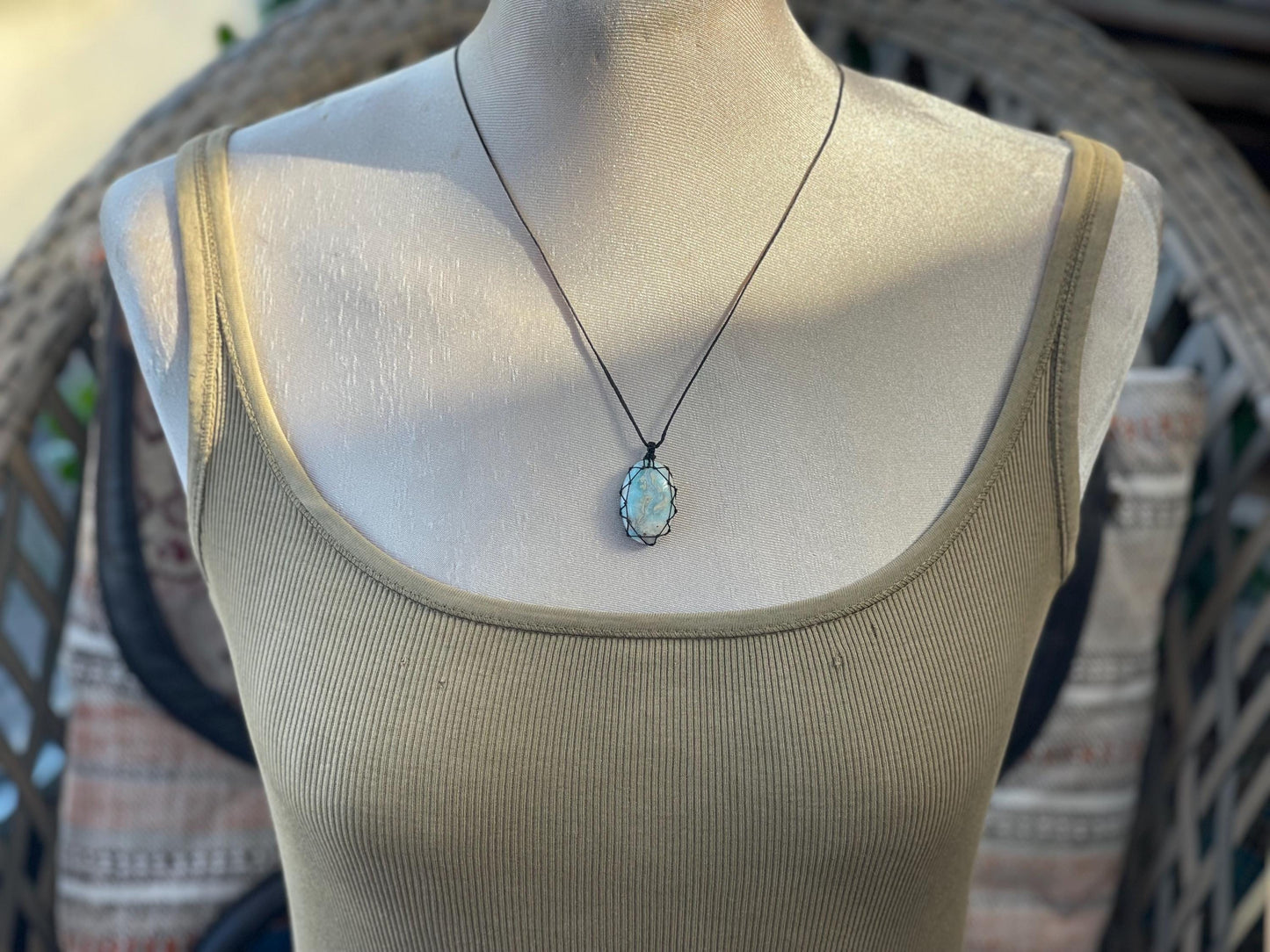 Stunning macrame Larimar necklace, malachite pendant, green gemstone, Handmade gemstone necklace, boho gift for her. Macrame jewellery.