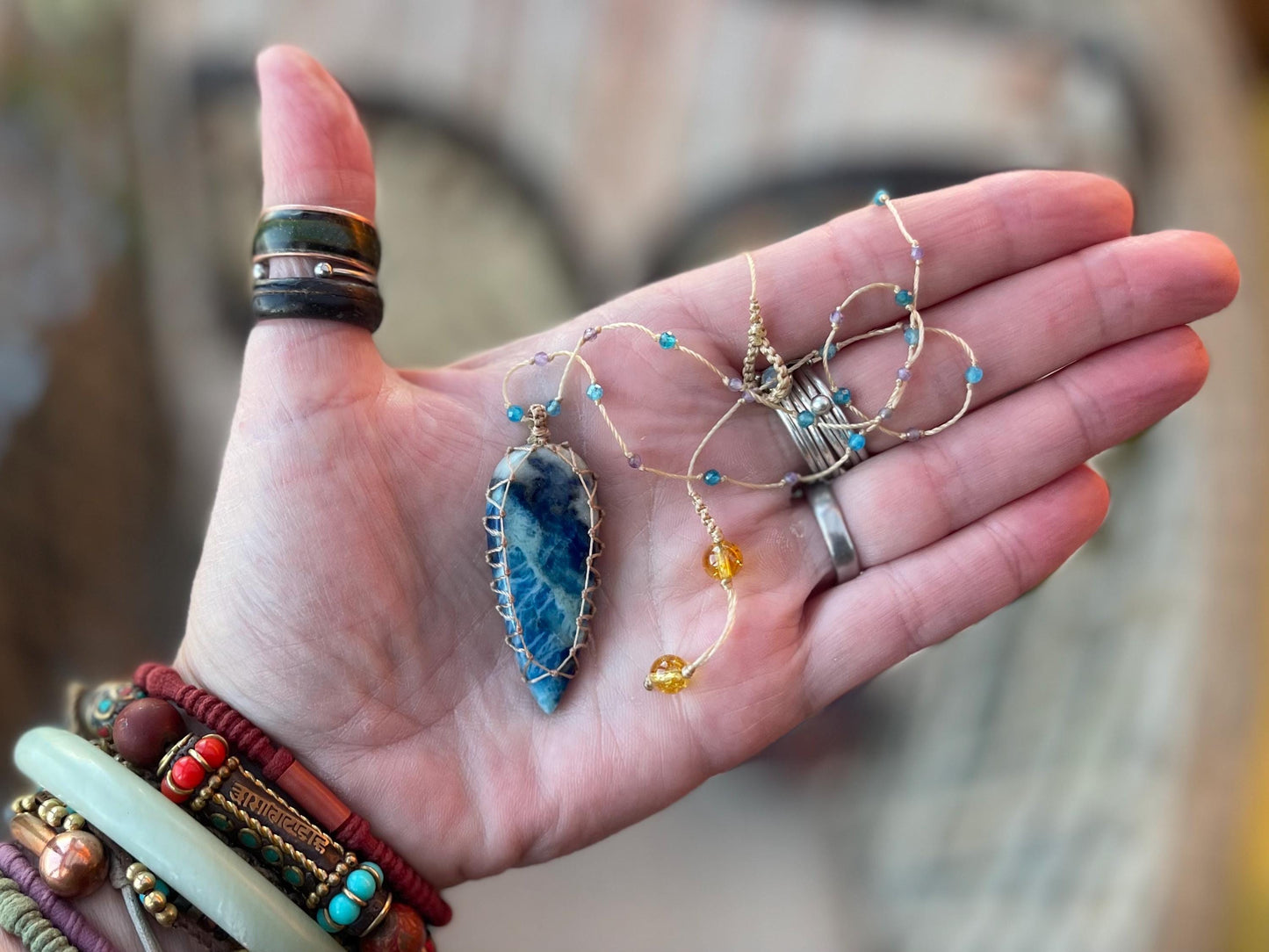 Stunning pietersite gemstone necklace, citrine pendant. Handmade gemstone necklace, boho jewellery. Macrame jewellery. Unique necklace.