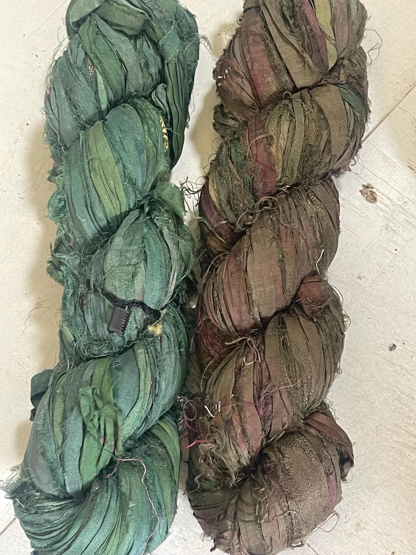 TWO rolls of Recycled sari scrap ribbon. Eco friendly ribbon. Sustainable craft supplies. Yellow, blue, orange, green, white, cream, purple