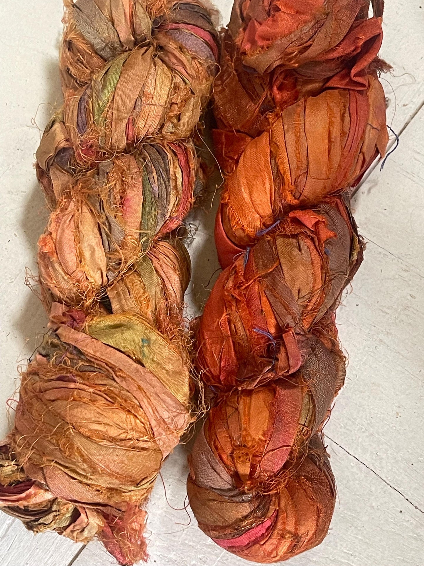 TWO rolls of Recycled sari scrap ribbon. Eco friendly ribbon. Sustainable craft supplies. Yellow, blue, orange, green, white, cream, purple