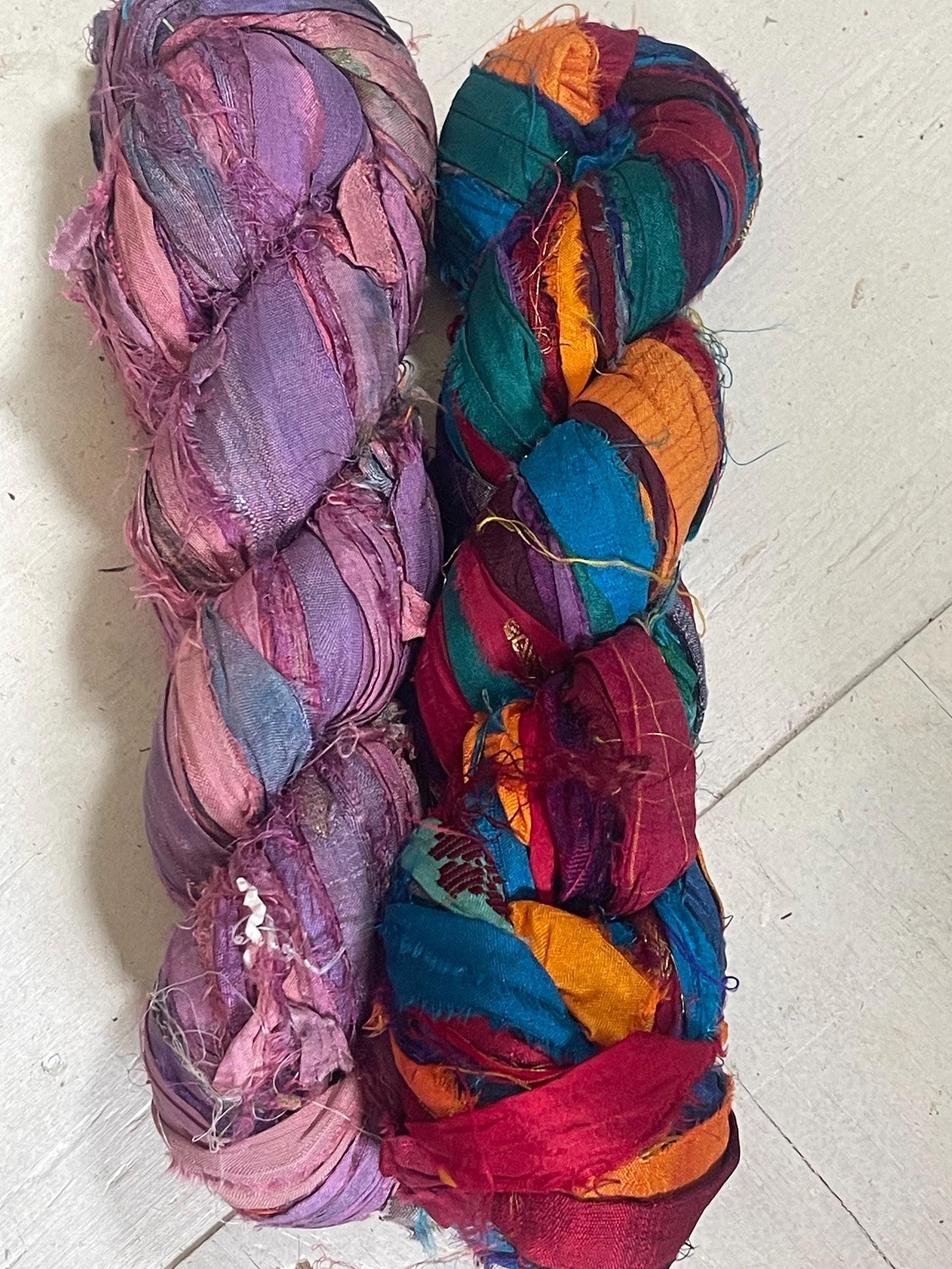 TWO rolls of Recycled sari scrap ribbon. Eco friendly ribbon. Sustainable craft supplies. Yellow, blue, orange, green, white, cream, purple