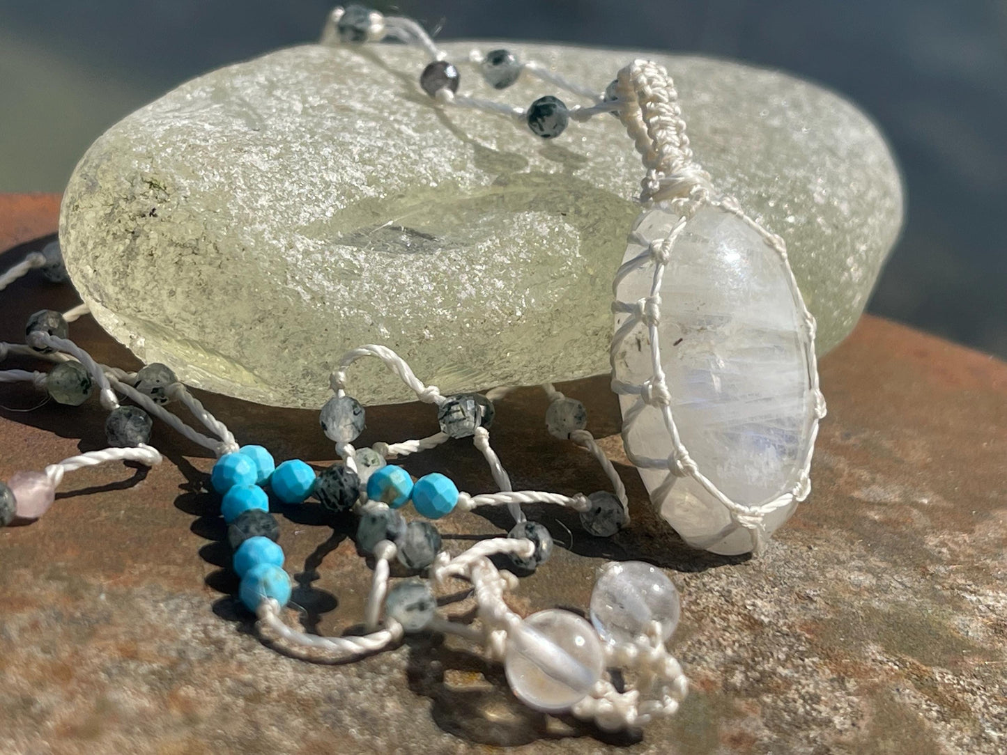 Stunning rainbow moonstone necklace, moonstone pendant, rainbow gemstone, Handmade gemstone necklace, boho gift for her. Macrame jewellery.