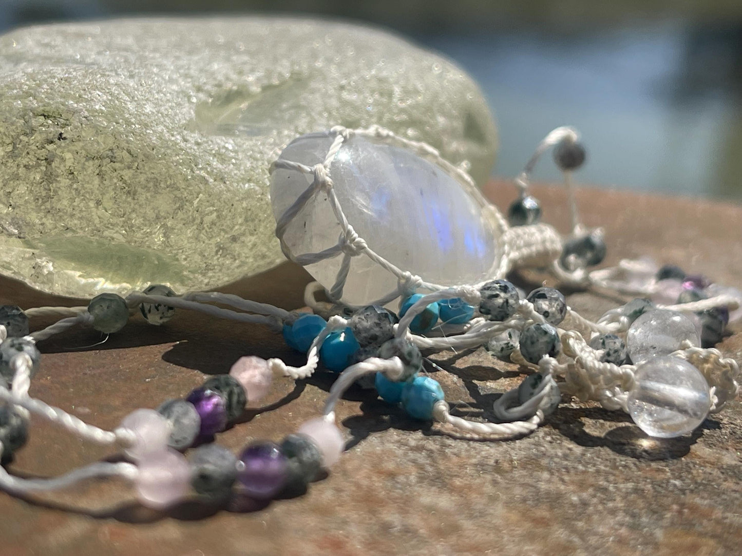 Stunning rainbow moonstone necklace, moonstone pendant, rainbow gemstone, Handmade gemstone necklace, boho gift for her. Macrame jewellery.