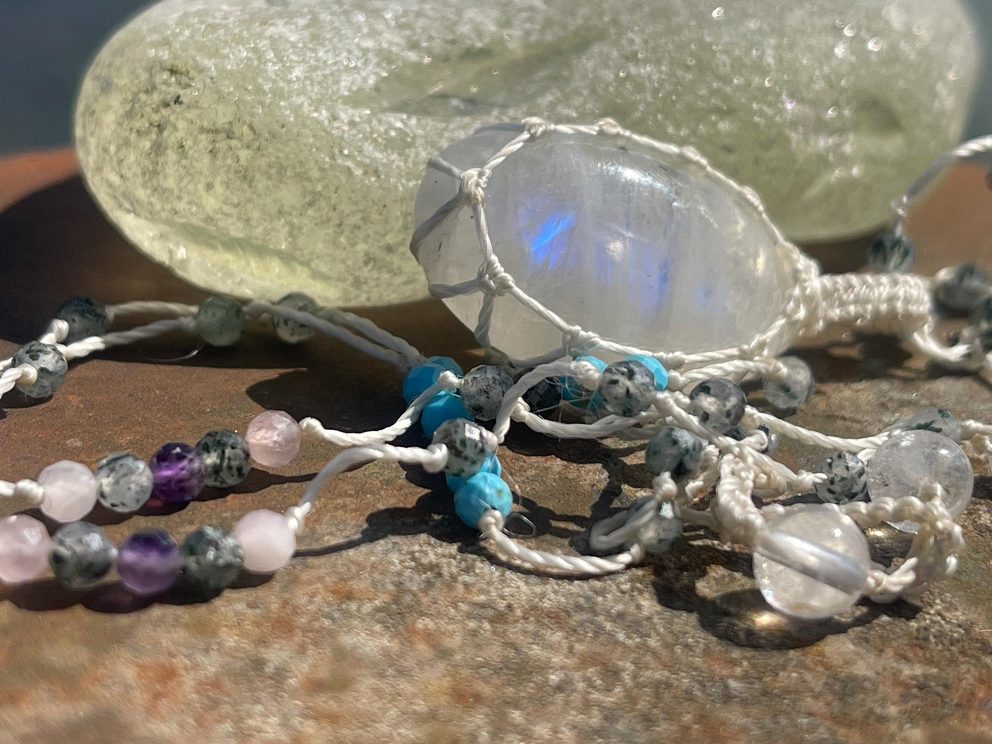 Stunning rainbow moonstone necklace, moonstone pendant, rainbow gemstone, Handmade gemstone necklace, boho gift for her. Macrame jewellery.