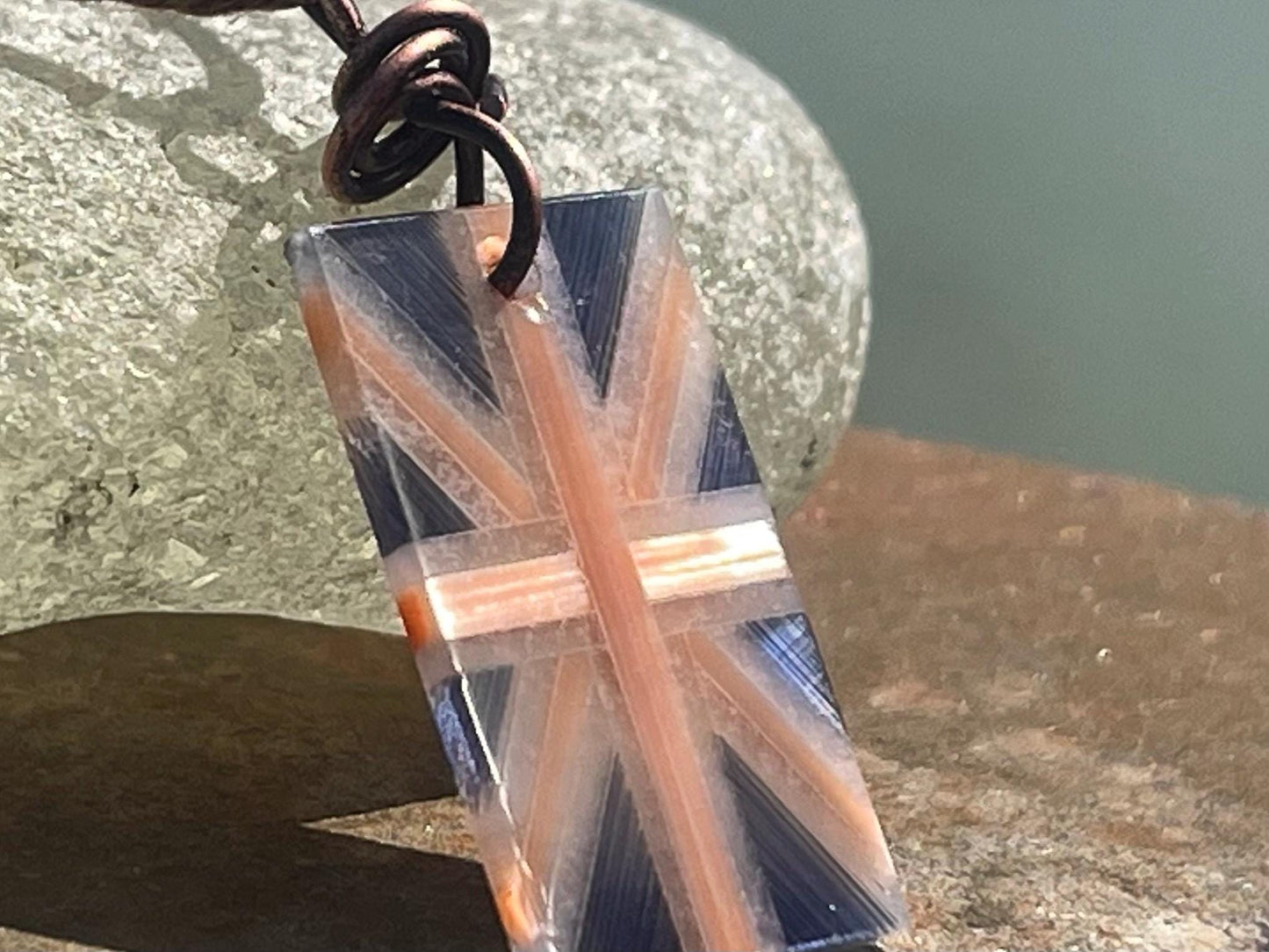Fused gemstone Union Jack necklace on recycled copper. Ethical and unique jewellery. Unique English jewellery. British flag jewellery