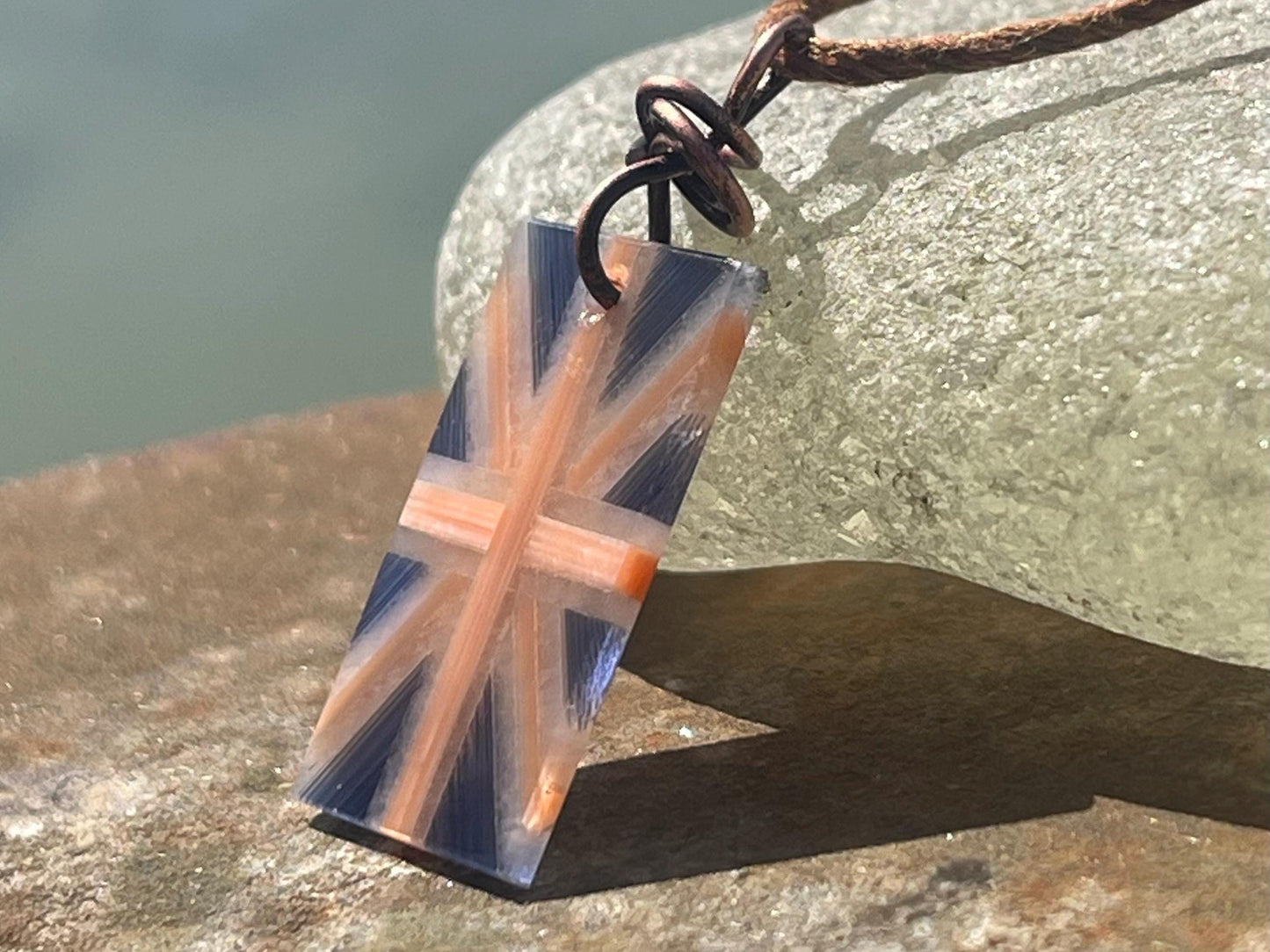 Fused gemstone Union Jack necklace on recycled copper. Ethical and unique jewellery. Unique English jewellery. British flag jewellery