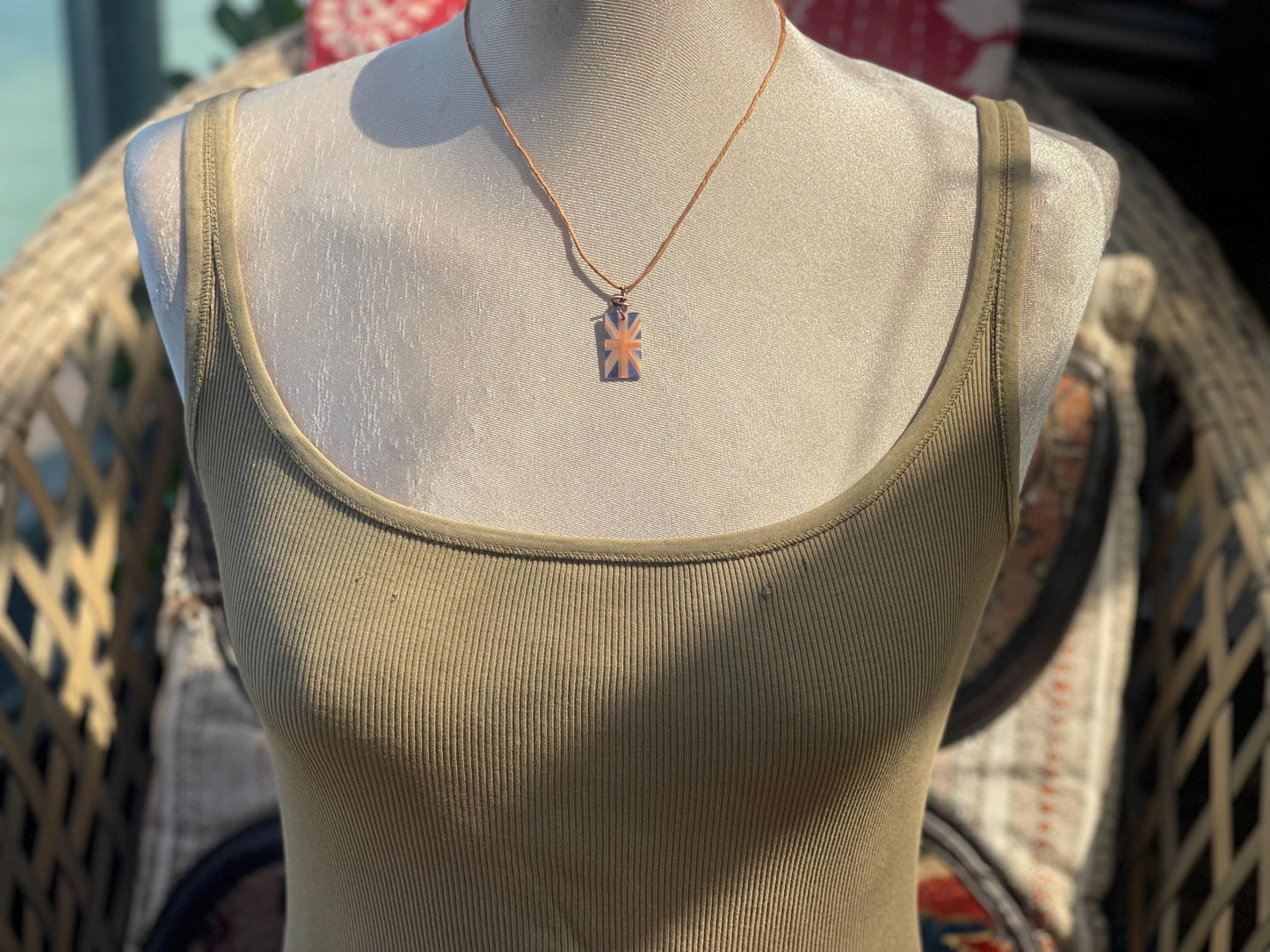 Fused gemstone Union Jack necklace on recycled copper. Ethical and unique jewellery. Unique English jewellery. British flag jewellery