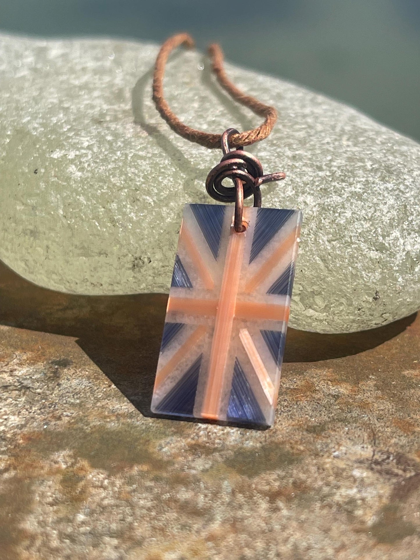 Fused gemstone Union Jack necklace on recycled copper. Ethical and unique jewellery. Unique English jewellery. British flag jewellery