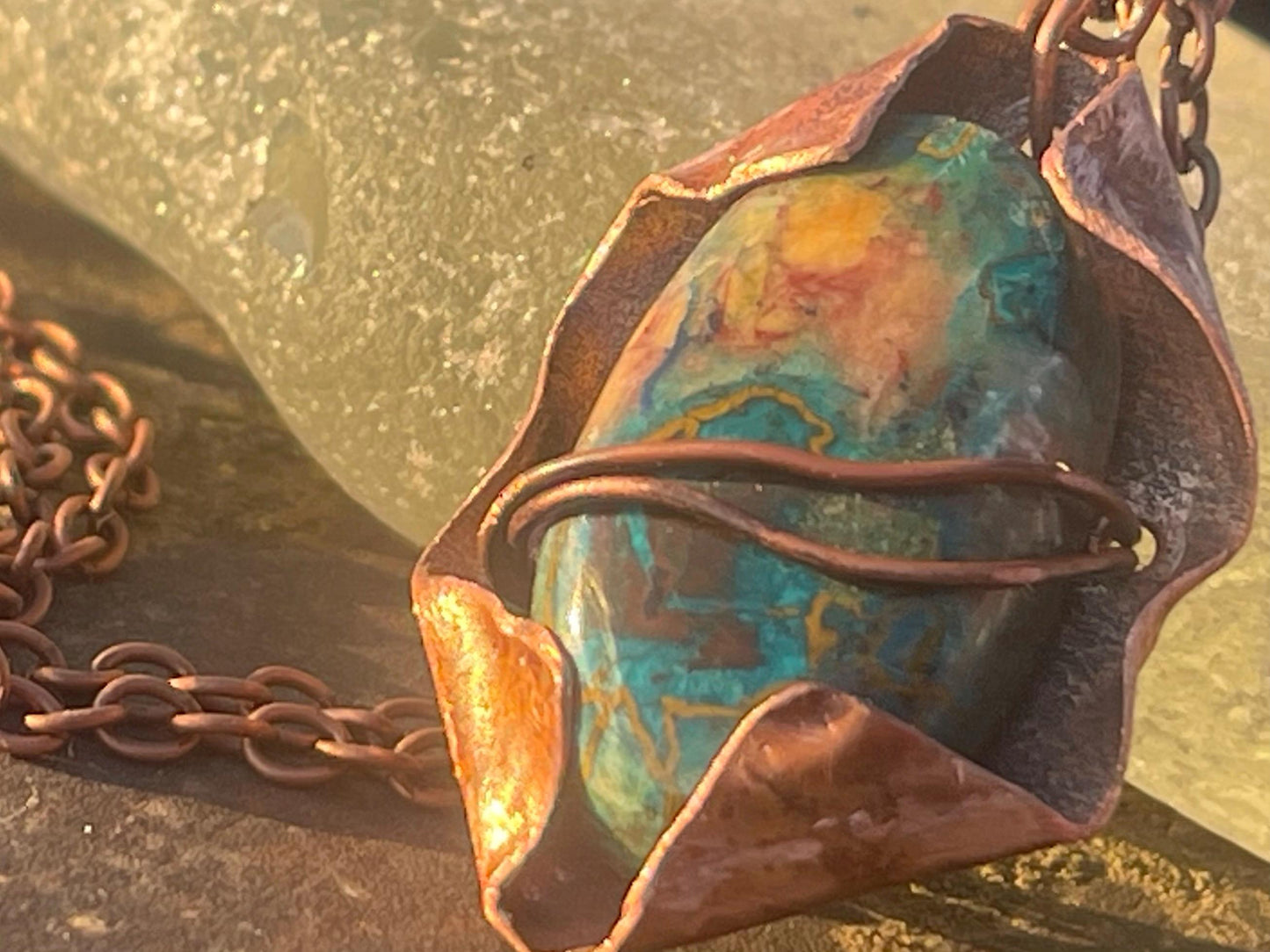 Eco friendly handmade necklace made from Chrysocolla & naturally weathered recycled copper. Ethical jewellery. Unique handmade jewellery.