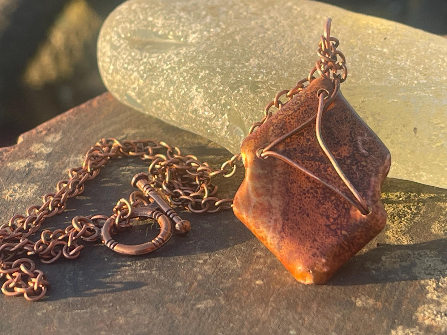 Eco friendly handmade necklace made from Chrysocolla & naturally weathered recycled copper. Ethical jewellery. Unique handmade jewellery.