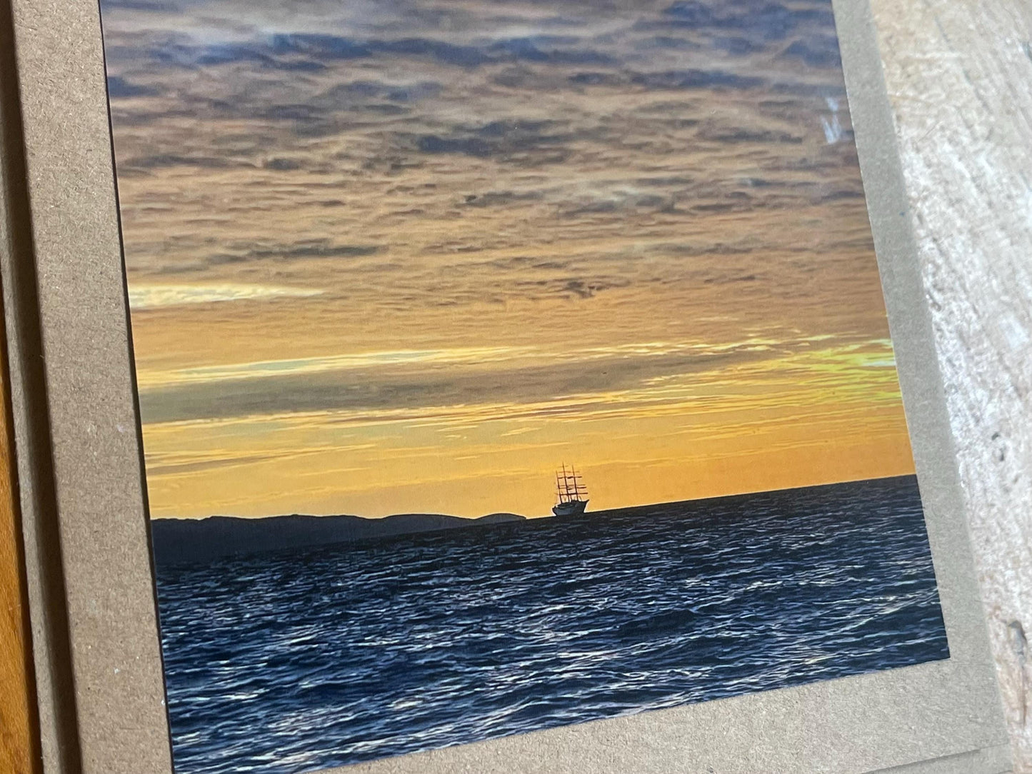Handmade card of a boat at sunset. Ethical recycled card, seaside card, boat card, eco friendly cards, eco card, recycled card. Croatia