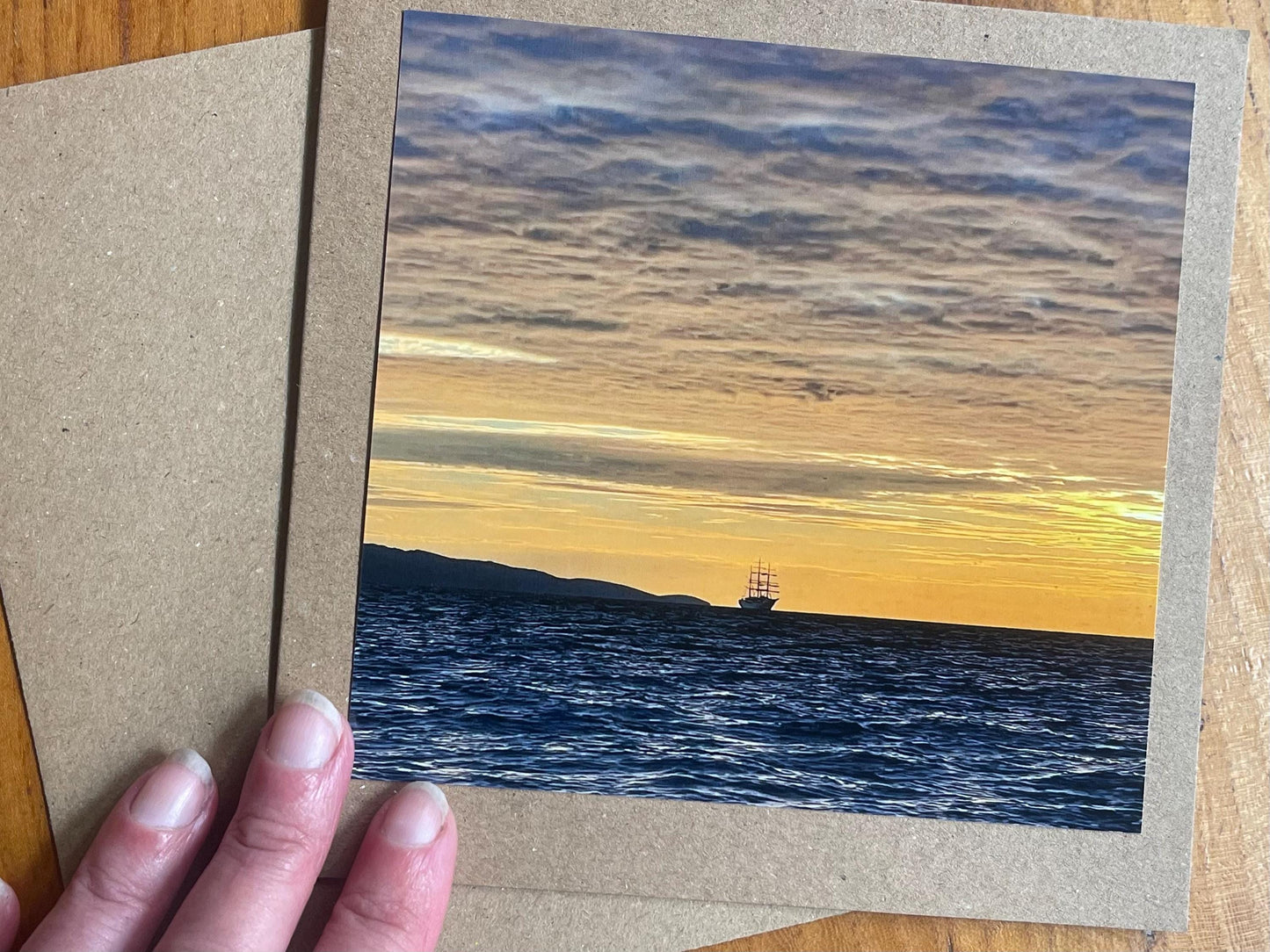 Handmade card of a boat at sunset. Ethical recycled card, seaside card, boat card, eco friendly cards, eco card, recycled card. Croatia