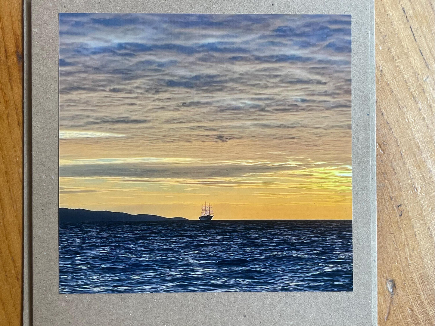 Handmade card of a boat at sunset. Ethical recycled card, seaside card, boat card, eco friendly cards, eco card, recycled card. Croatia