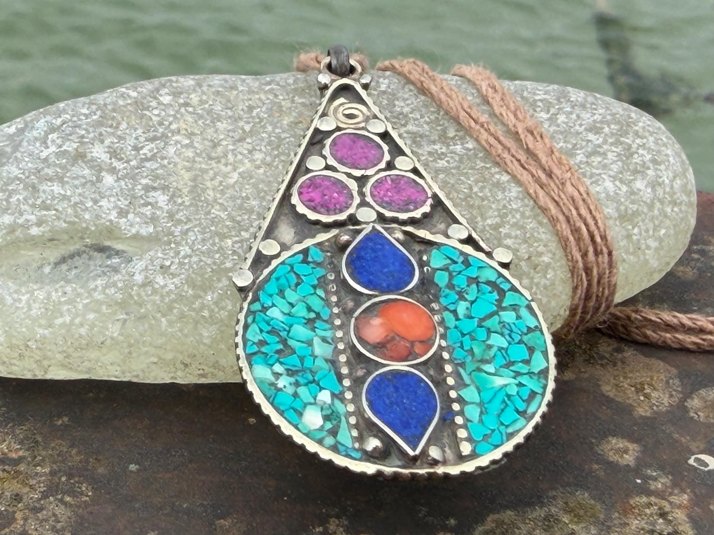 Large enamel necklace, turquoise jewellery, ethical jewellery, lapis necklace, boho necklace, large jewellery. Colourful necklace. Carnelian