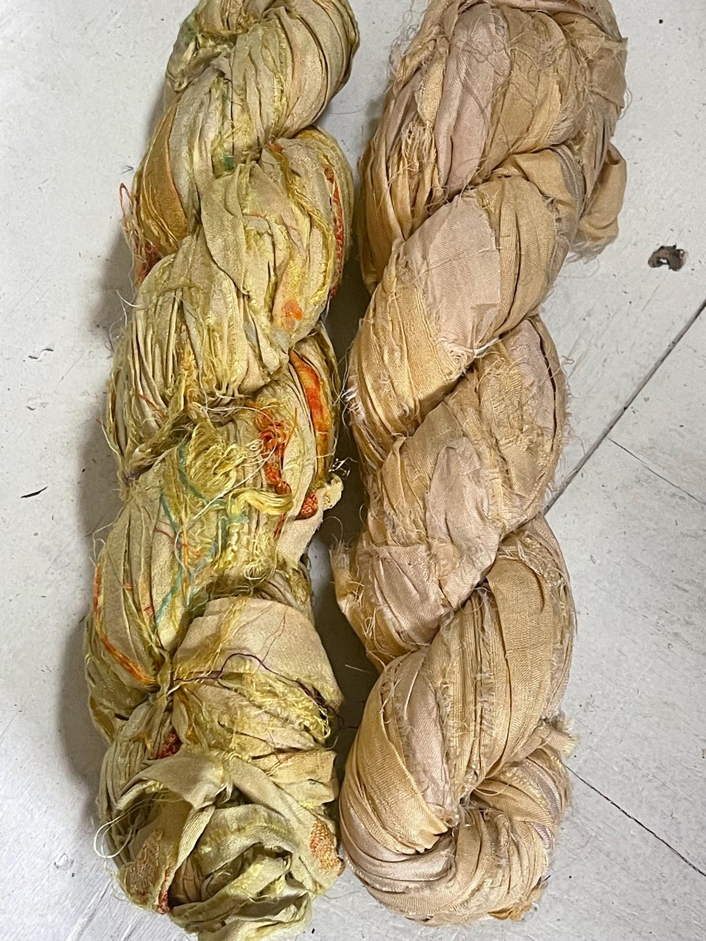 TWO rolls of Recycled sari scrap ribbon. Eco friendly ribbon. Sustainable craft supplies. Yellow, blue, orange, green, white, cream, purple