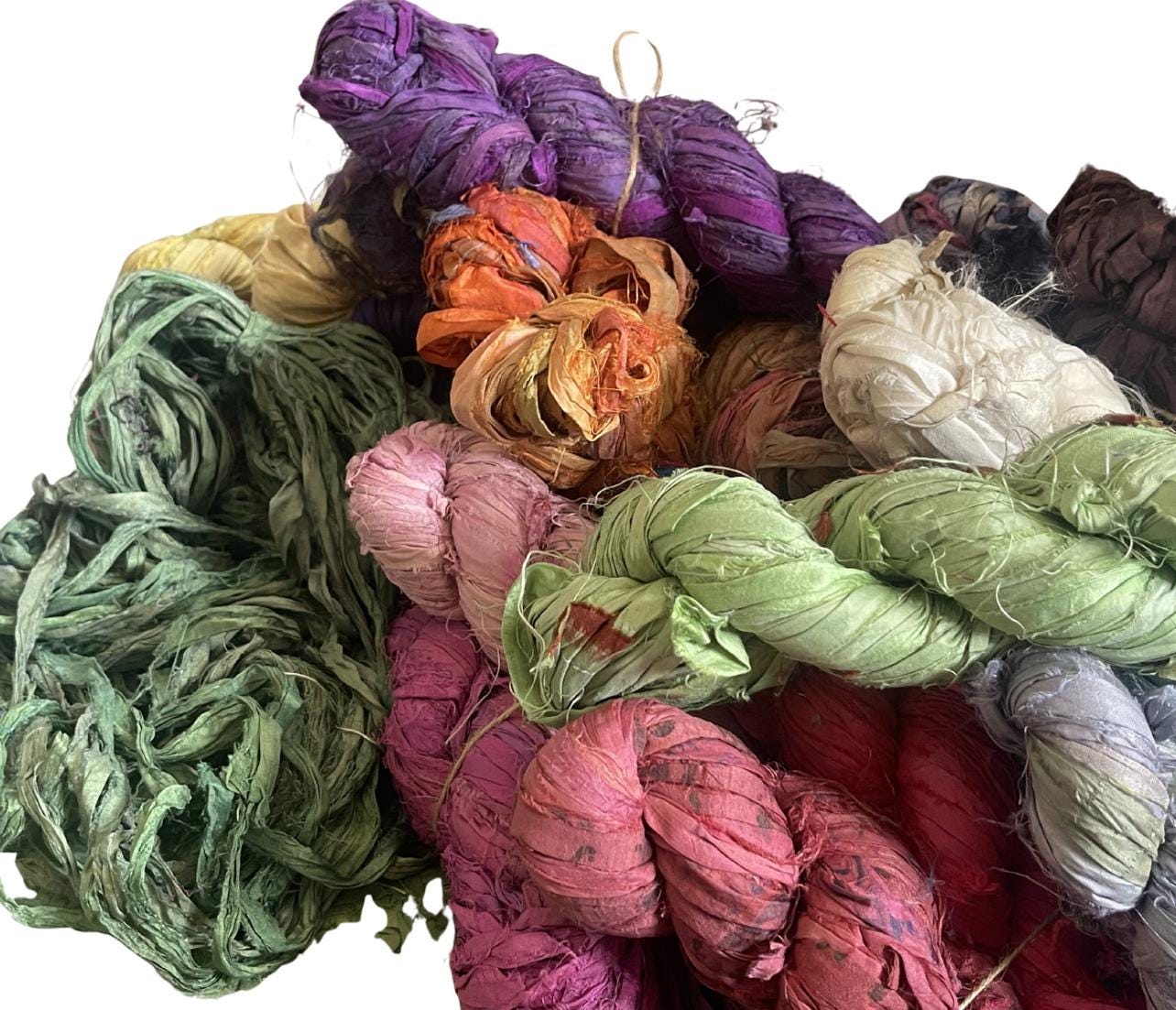 TWO rolls of Recycled sari scrap ribbon. Eco friendly ribbon. Sustainable craft supplies. Yellow, blue, orange, green, white, cream, purple
