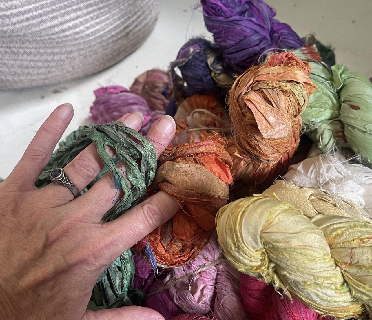 TWO rolls of Recycled sari scrap ribbon. Eco friendly ribbon. Sustainable craft supplies. Yellow, blue, orange, green, white, cream, purple