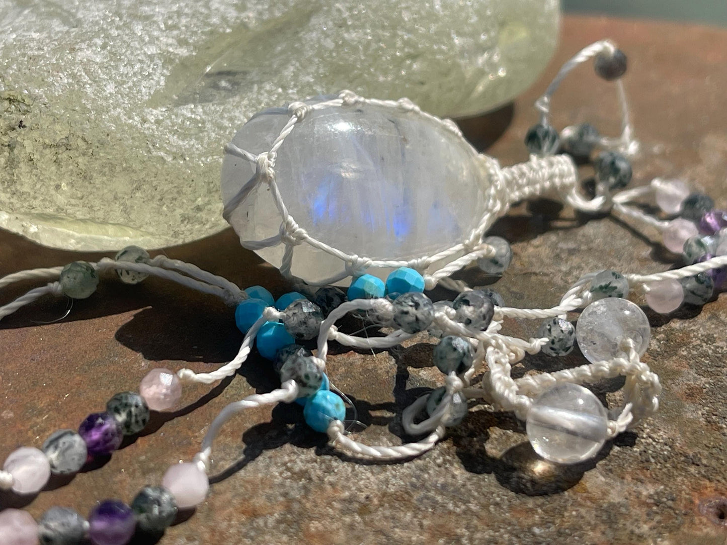 Stunning rainbow moonstone necklace, moonstone pendant, rainbow gemstone, Handmade gemstone necklace, boho gift for her. Macrame jewellery.