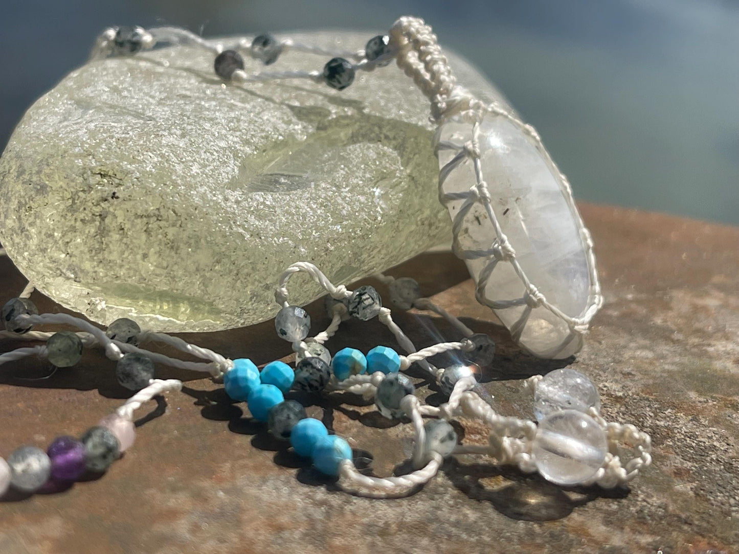 Stunning rainbow moonstone necklace, moonstone pendant, rainbow gemstone, Handmade gemstone necklace, boho gift for her. Macrame jewellery.